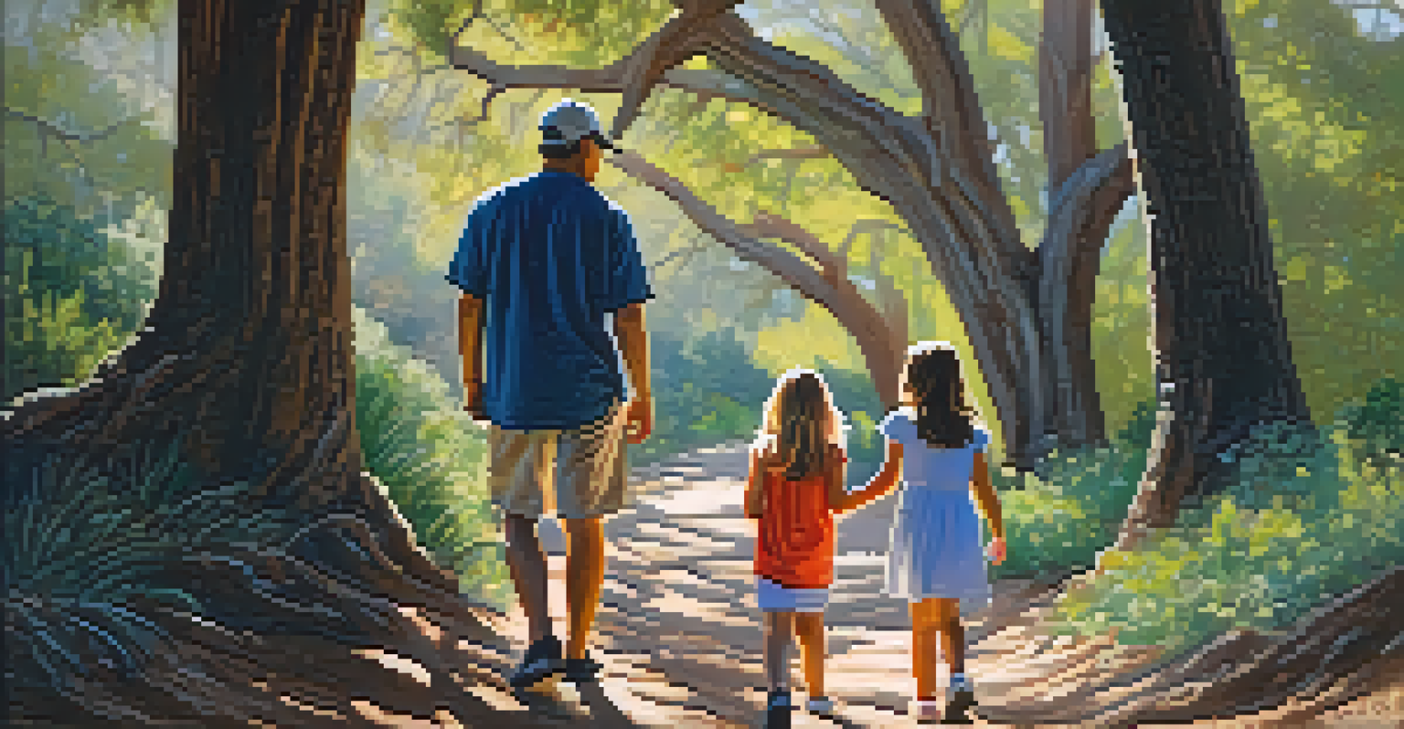 A family walking along a trail in Malibu, with a parent pointing out a coast live oak tree to a child, surrounded by sunlight filtering through the leaves.