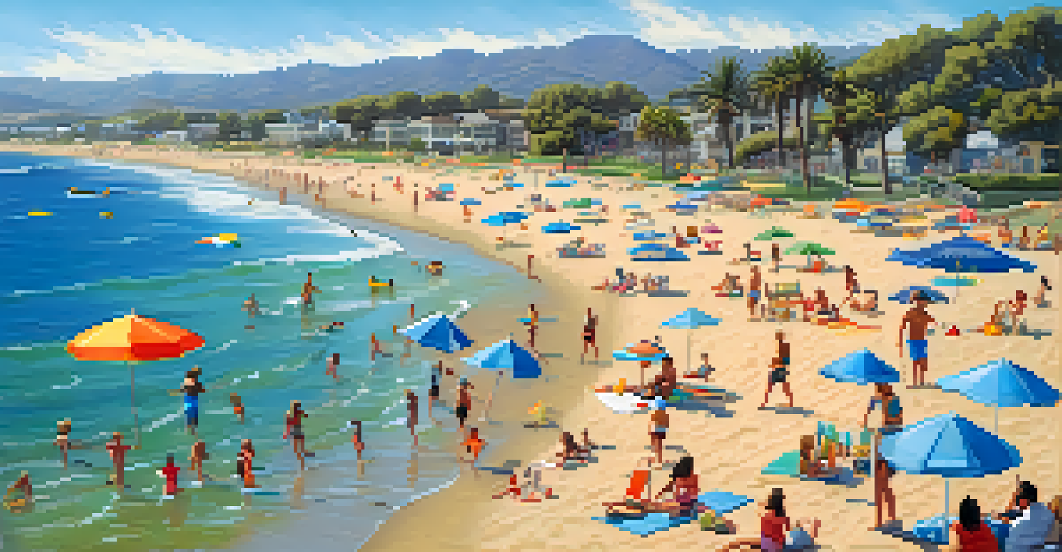 Aerial view of a busy beach with families picnicking and children playing in the sand.
