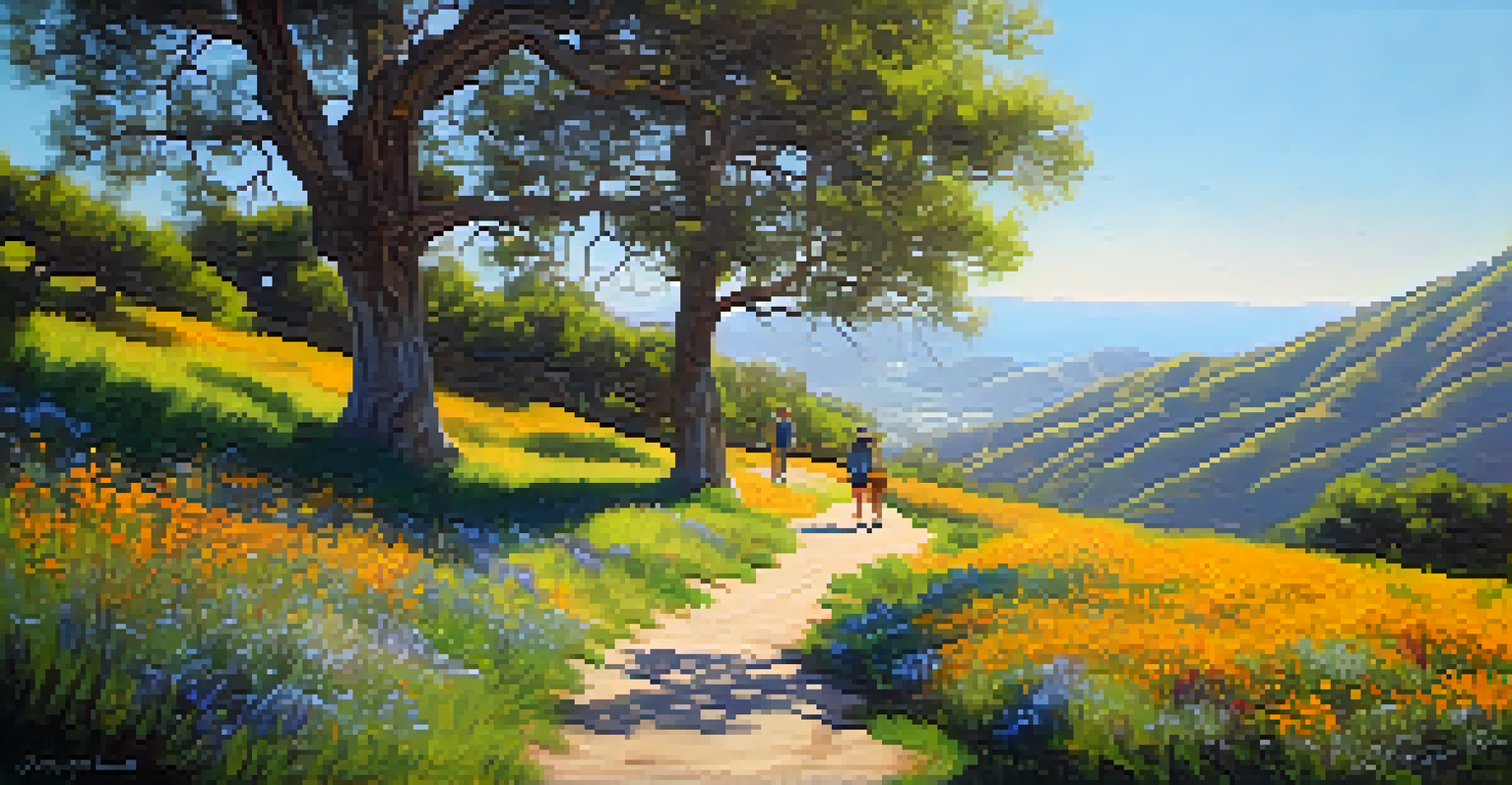 A couple hiking on a scenic trail in Malibu surrounded by wildflowers and tall trees.
