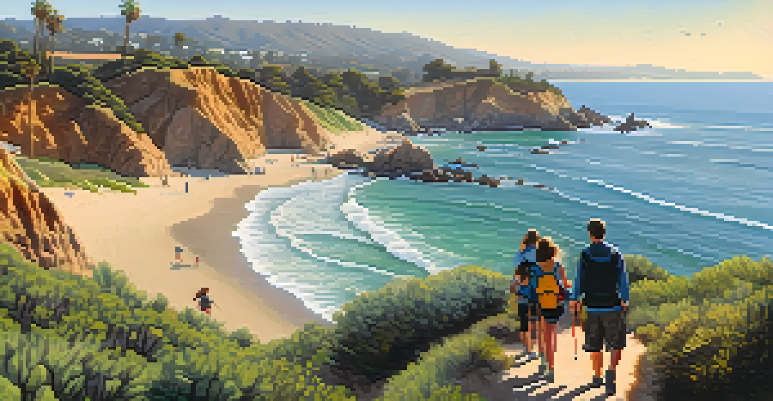 A family hiking at Point Dume State Beach with cliffs and ocean views, surrounded by lush greenery under a bright sun.