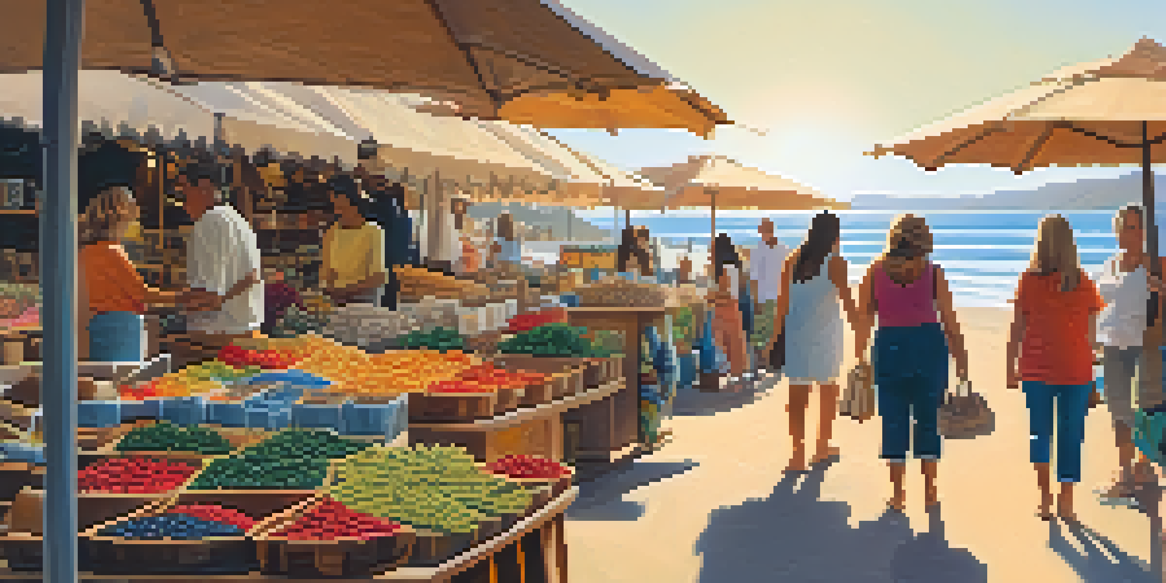A bustling artisan market in Malibu with colorful stalls and shoppers enjoying handmade crafts under the warm sun.