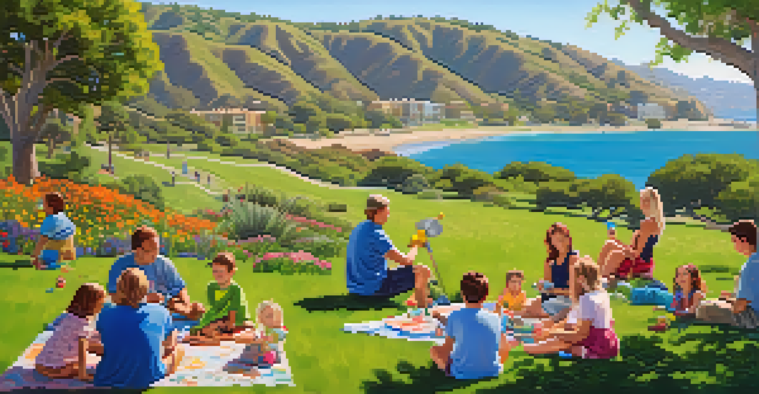 Families having a picnic at Malibu Bluffs Park, with children playing and adults in a gardening workshop, surrounded by colorful native flowers.