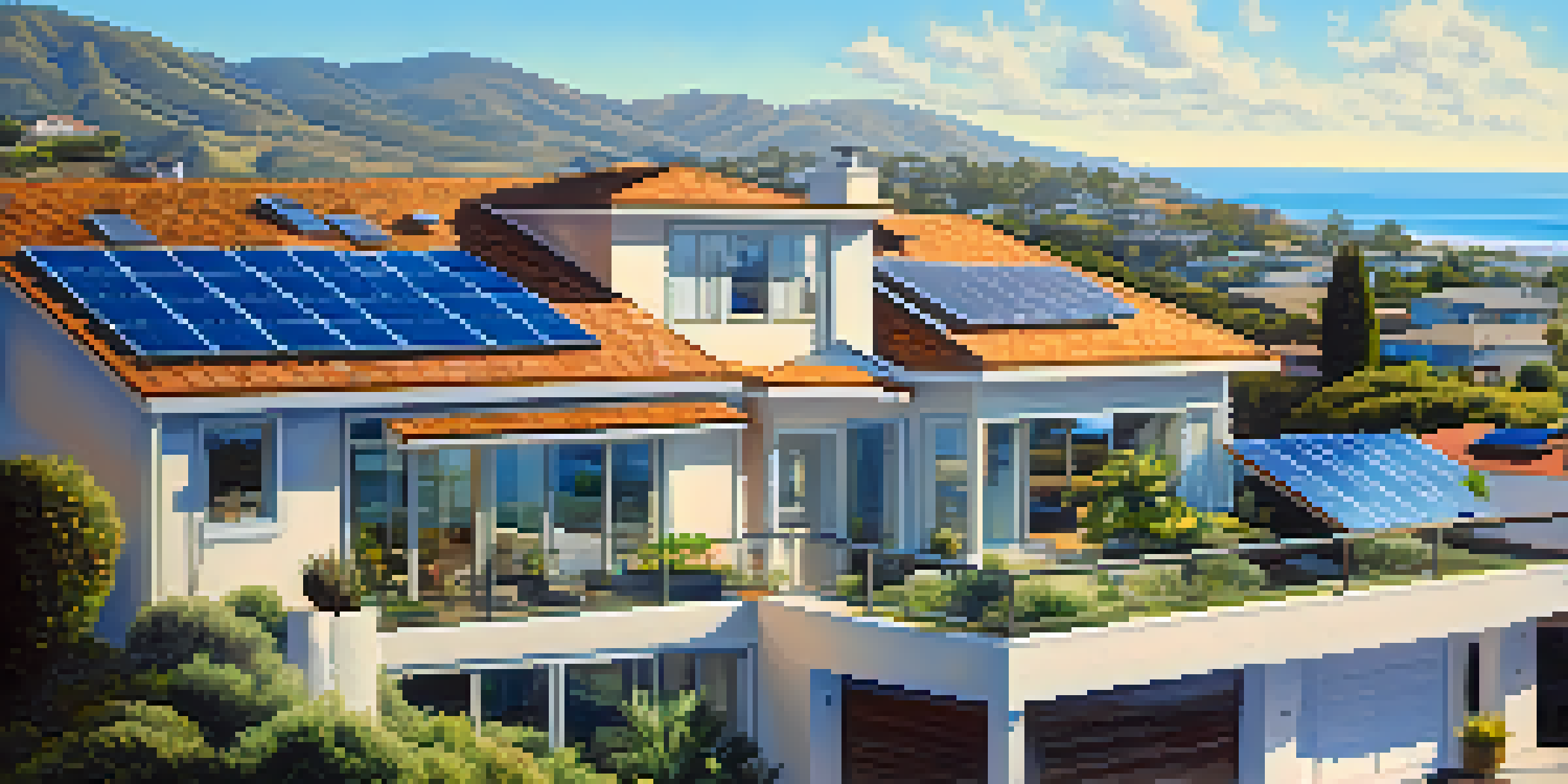 A sunny residential area in Malibu with houses equipped with solar panels on their roofs, green lawns, and the ocean visible in the distance.