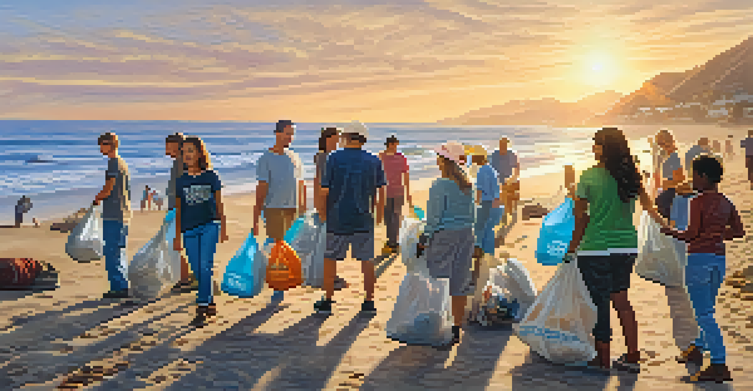 Community members participating in a beach clean-up in Malibu, collecting litter with reusable bags during a beautiful sunset.