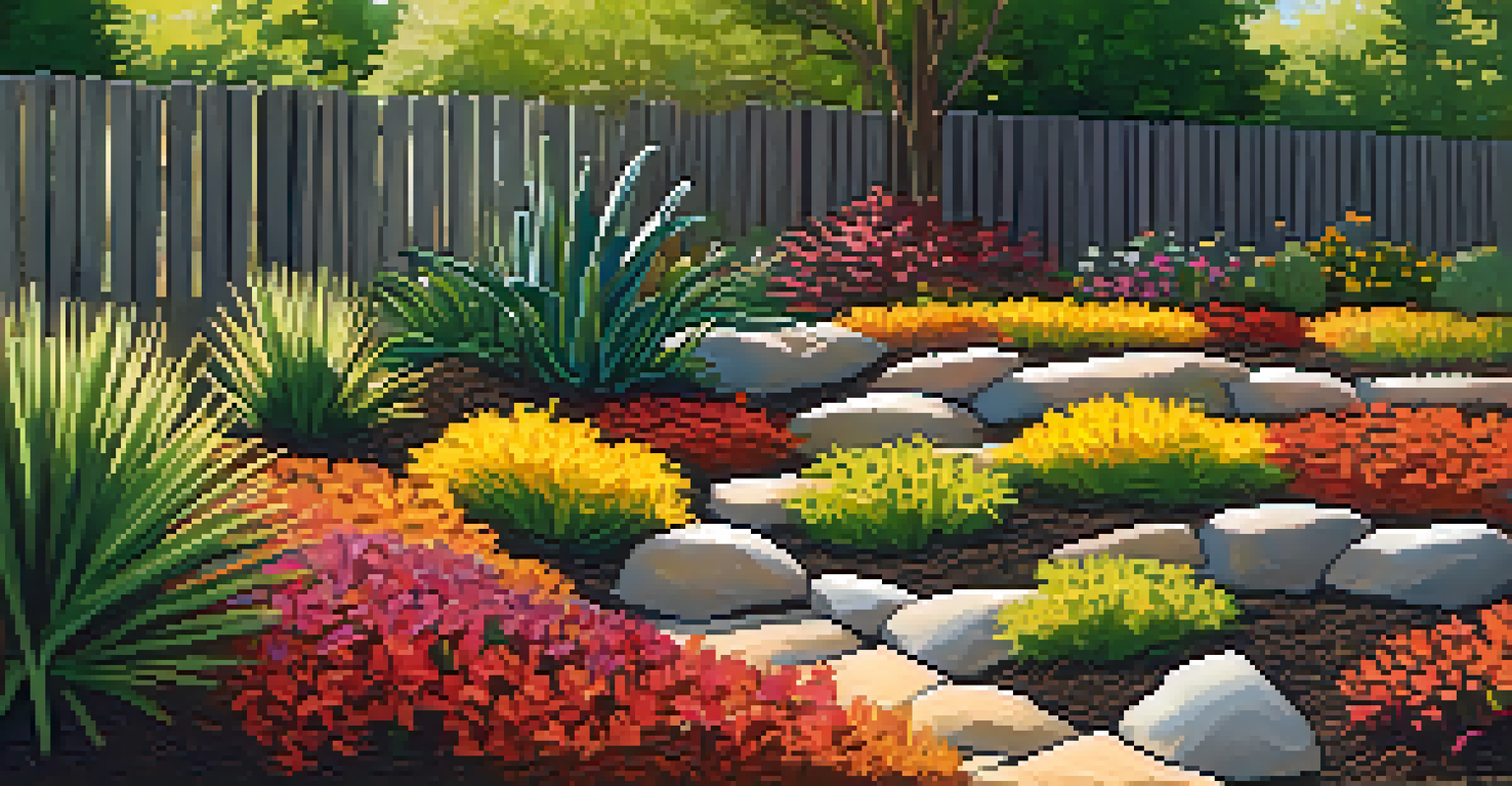 A close-up of a garden bed with wood chip mulch surrounding healthy drought-resistant plants.
