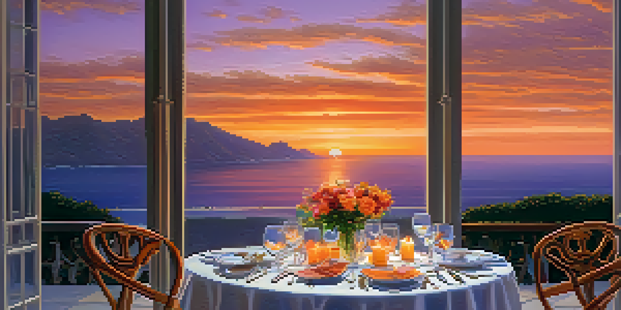A beautifully set dining table on a terrace with ocean views during sunset, featuring elegant tableware and a candle.