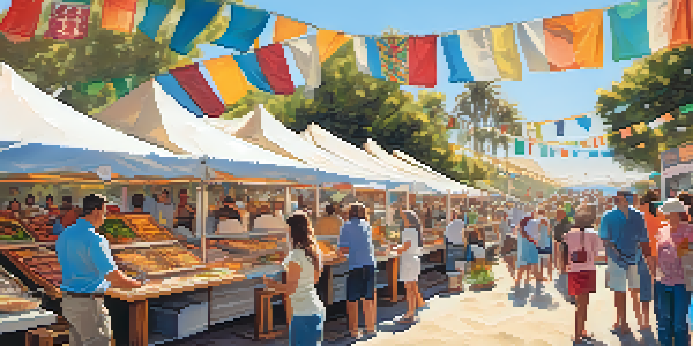 Outdoor scene at a food festival with food stalls and attendees enjoying gourmet food against a backdrop of the Pacific Ocean.