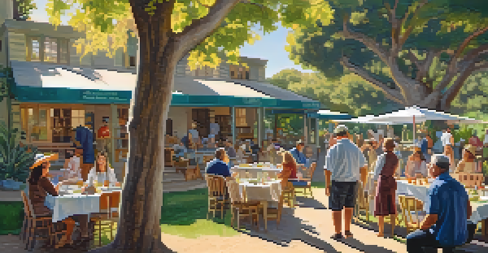 A lively community gathering at the Adamson House in Malibu, with residents participating in a preservation workshop and enjoying the sunny day.