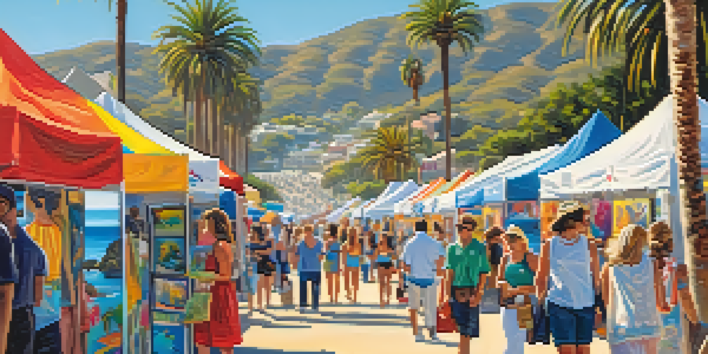 A lively outdoor scene at the Malibu Arts Festival with colorful artist booths and attendees enjoying the art, set against a beautiful coastal backdrop.
