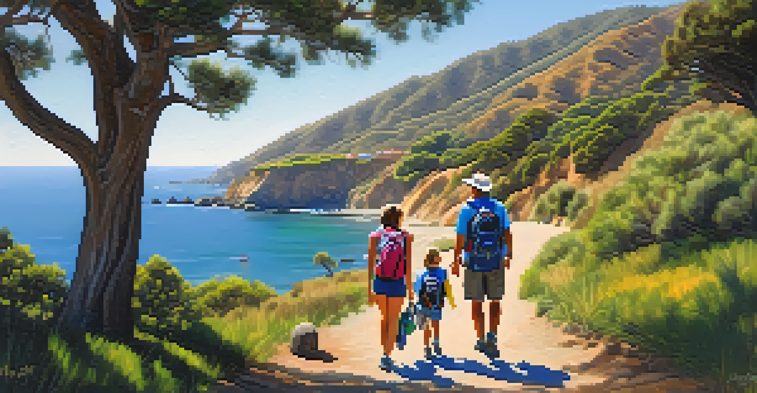 A family hiking on a paved trail in Malibu Bluffs Park, with a playground and ocean in the background.