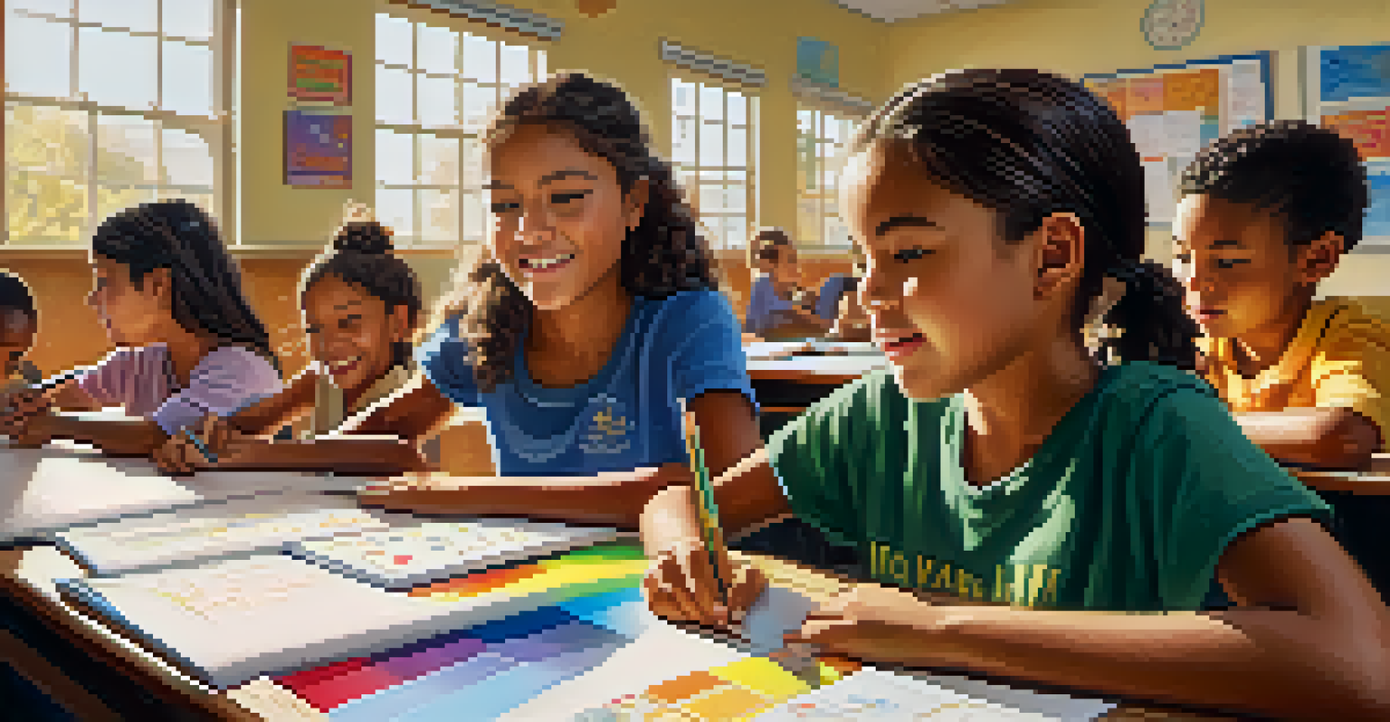 A volunteer tutoring young students in a vibrant classroom, with sunlight streaming in through the windows.