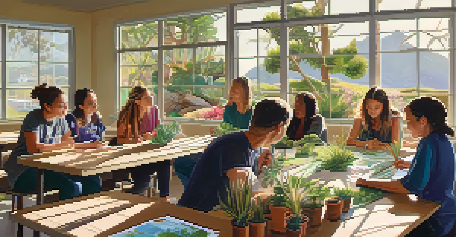 A community workshop in Malibu with residents learning about native landscaping and water conservation, surrounded by plants and bright sunlight.