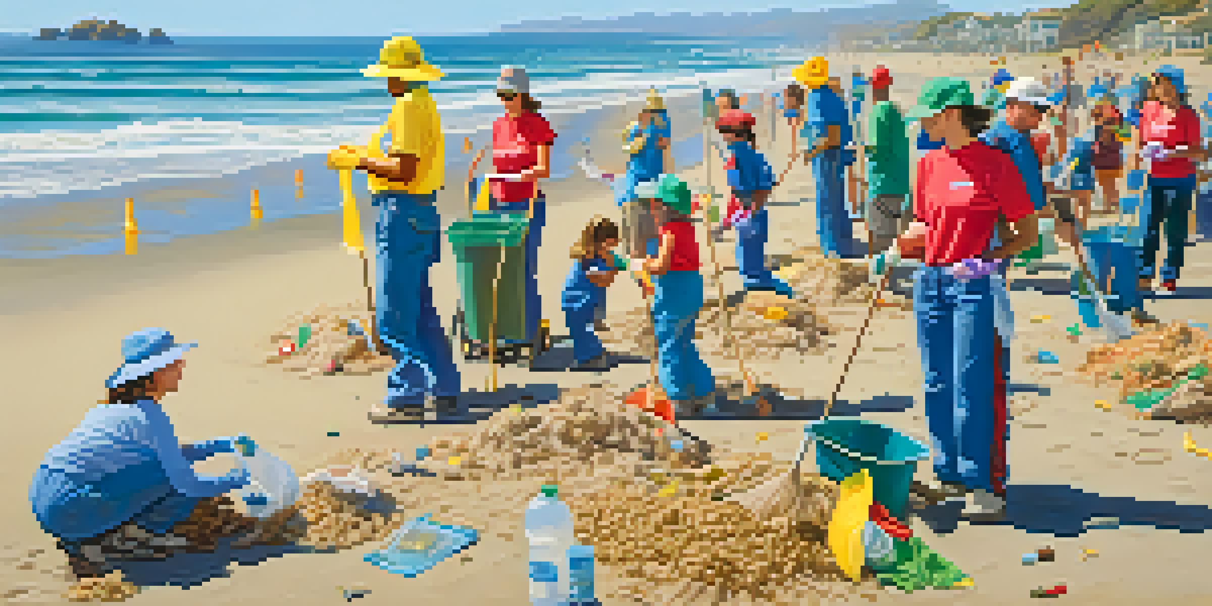 A group of volunteers cleaning a Malibu beach under a clear blue sky, with the ocean and golden sand in the background.
