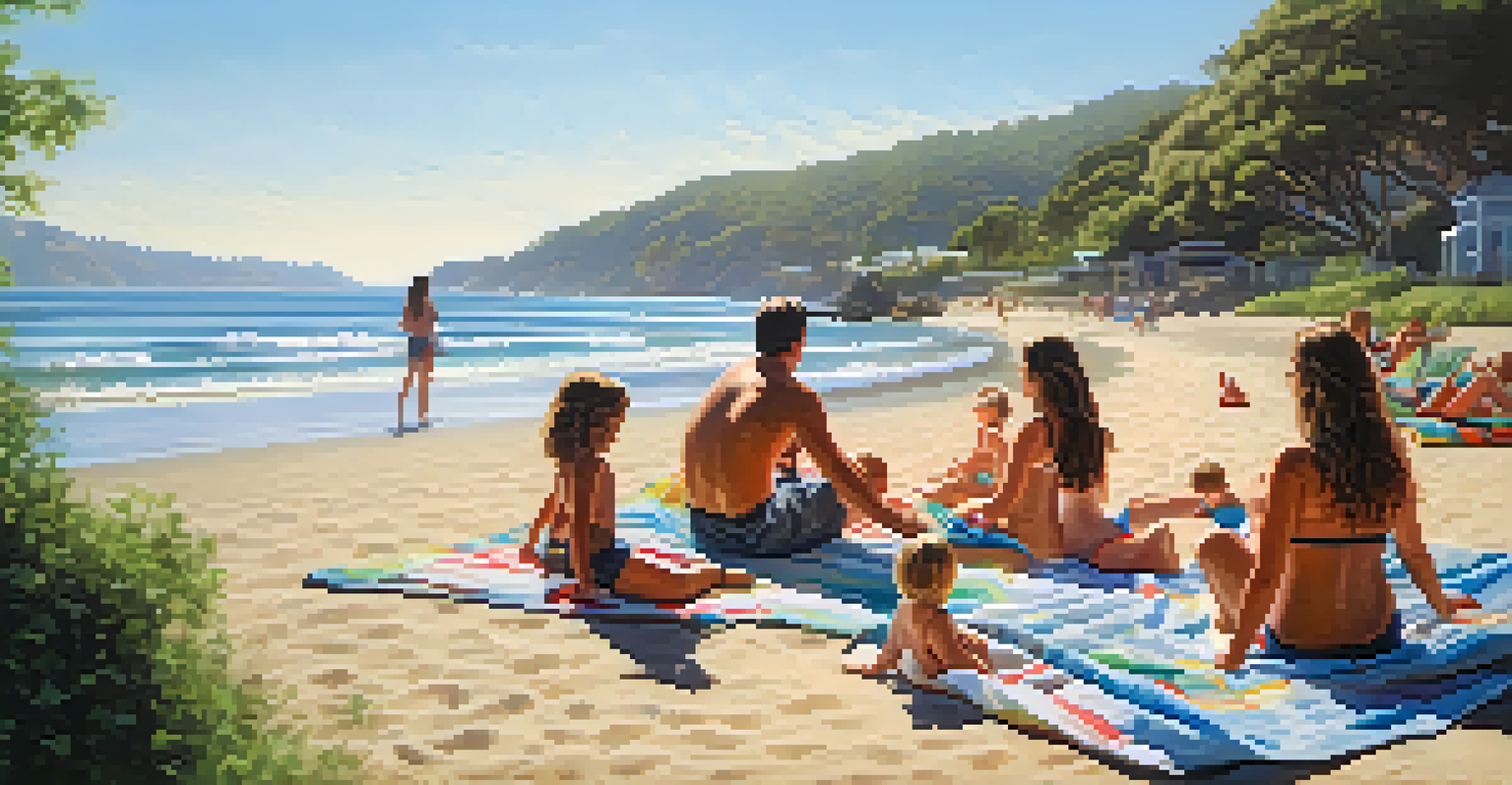 A family having fun at Sycamore Cove Beach, with children playing in the water and adults relaxing on the sand, surrounded by greenery.