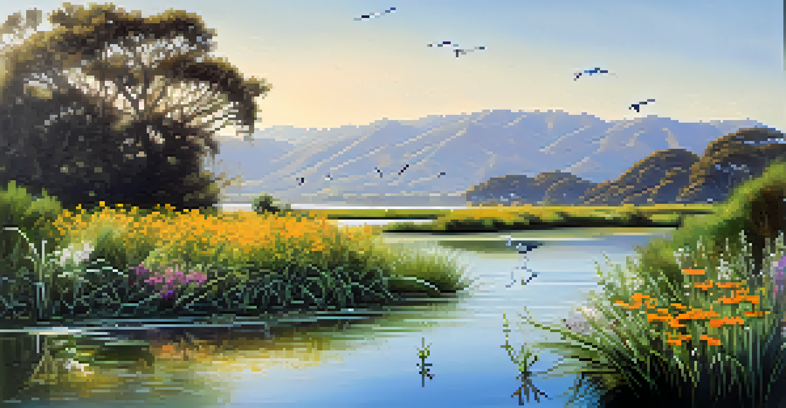 A beautiful coastal wetland in Malibu, featuring diverse flora and fauna under morning sunlight.