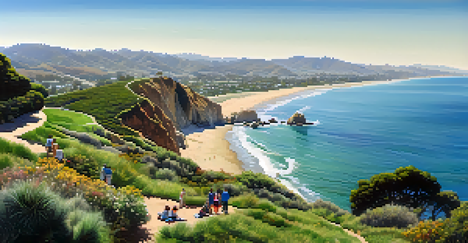 A scenic view of Malibu Bluffs Park with families picnicking and the ocean in the background.