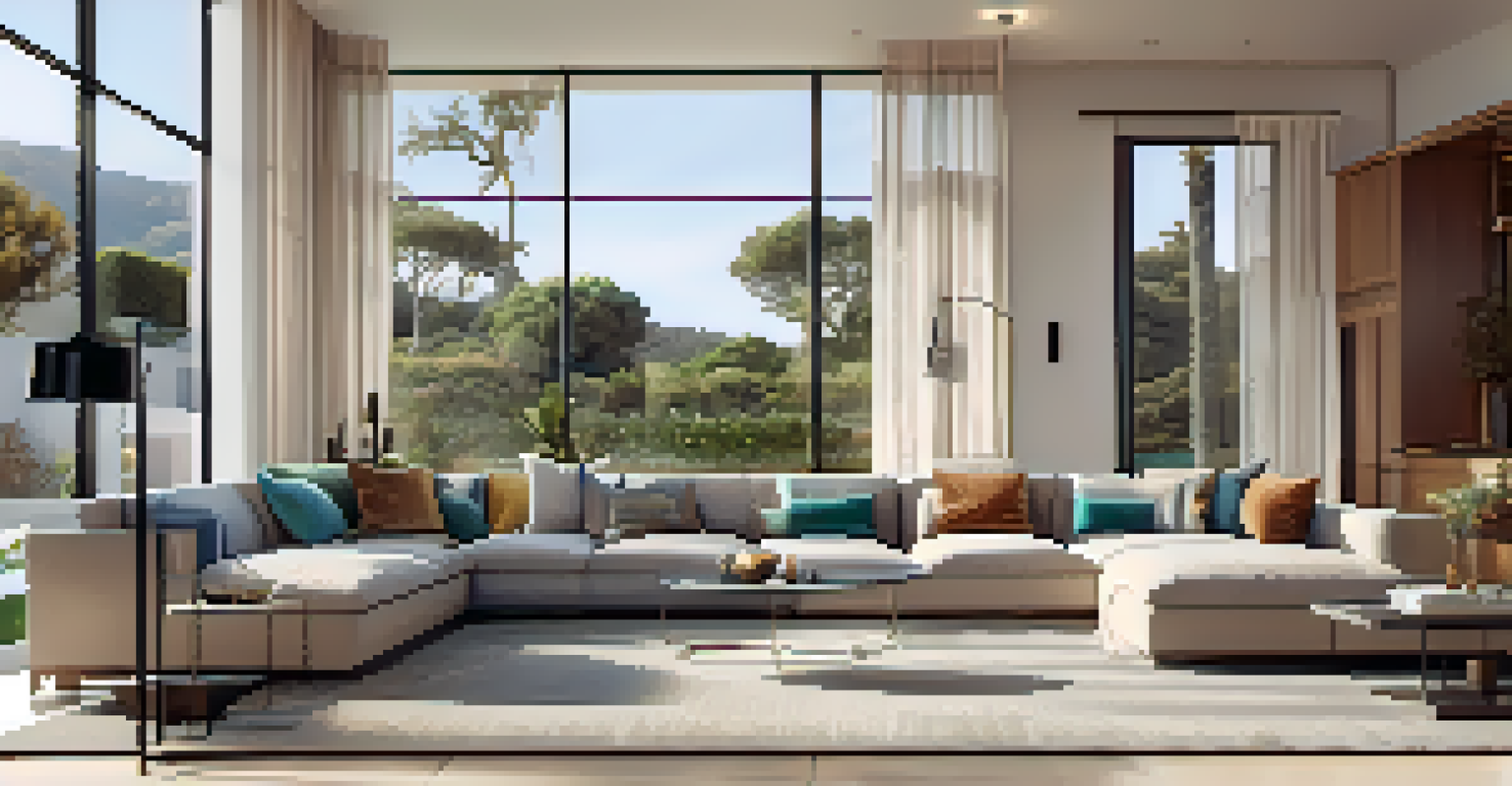 Interior view of a modern smart home living room in Malibu with sleek design and natural light.