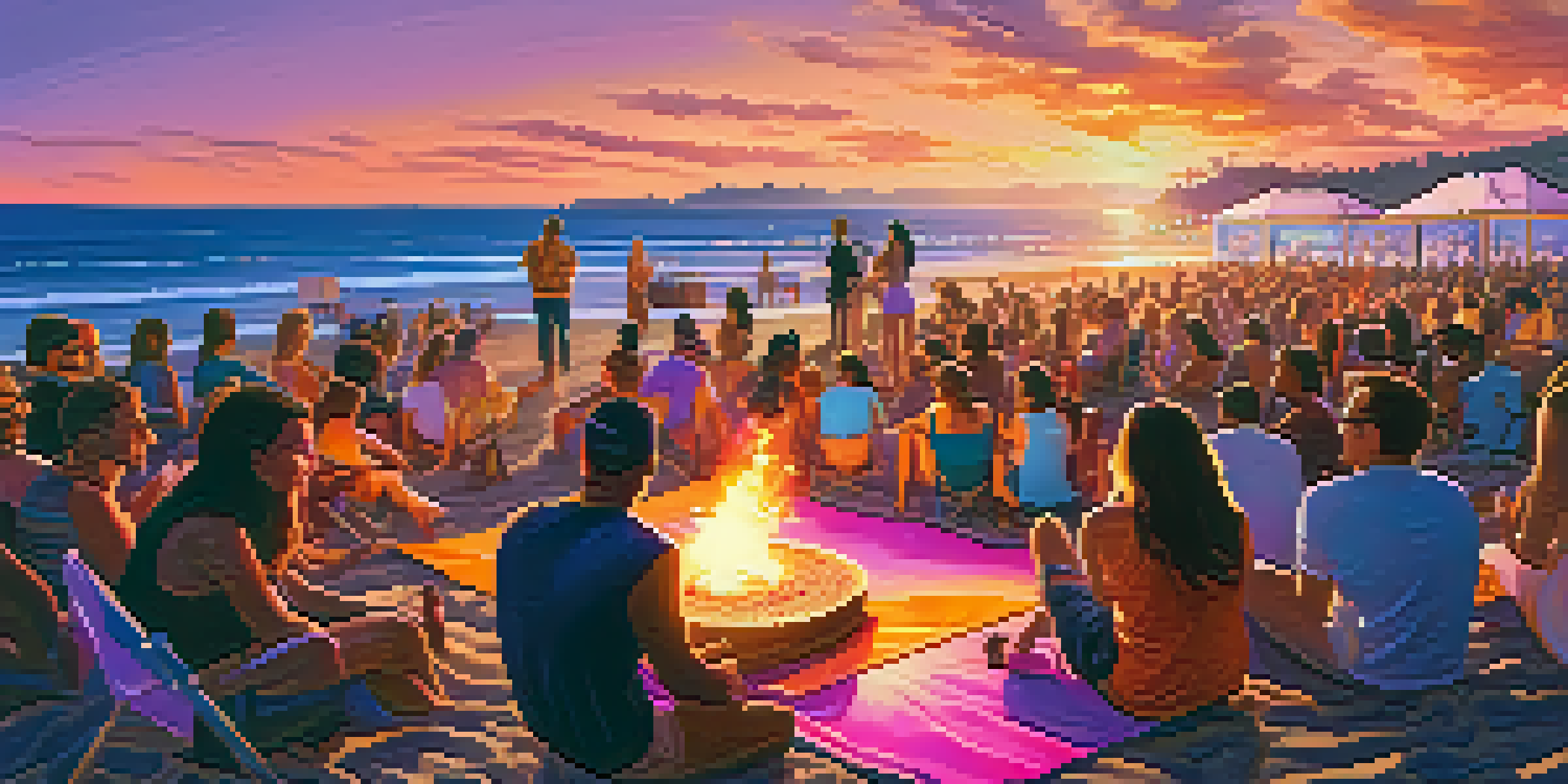 A beautiful sunset over a beachfront music event in Malibu with a crowd enjoying the live performance.