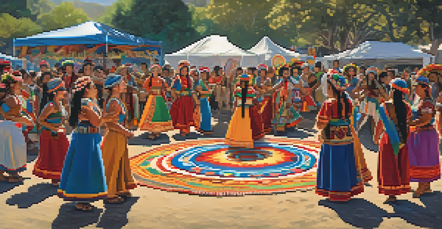 Participants in colorful traditional attire dancing at a Chumash cultural festival with artisans showcasing crafts.