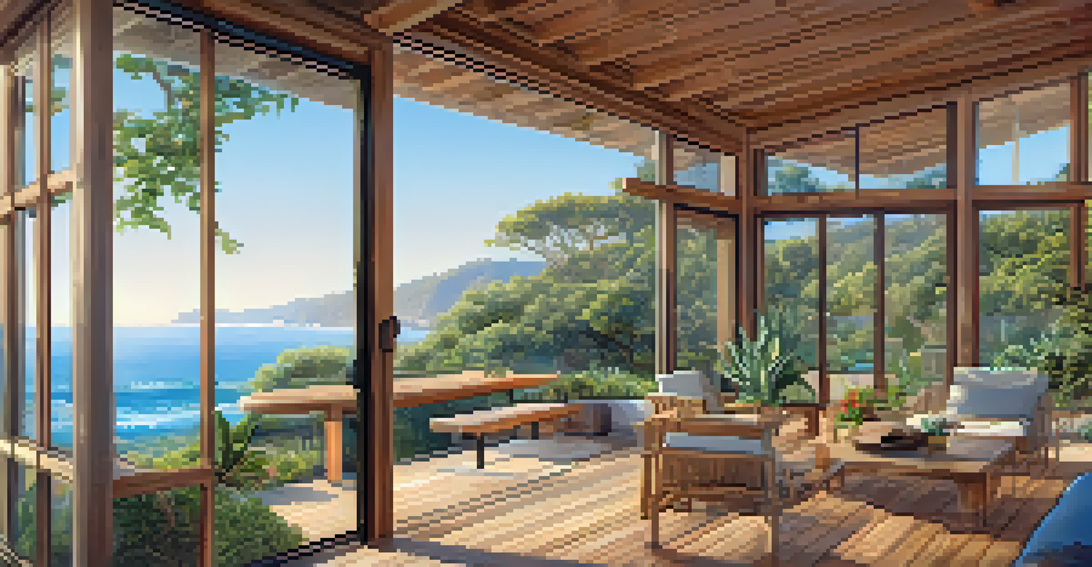 A sustainable accommodation in Malibu surrounded by greenery and flowers, showcasing solar panels and large windows with ocean views.