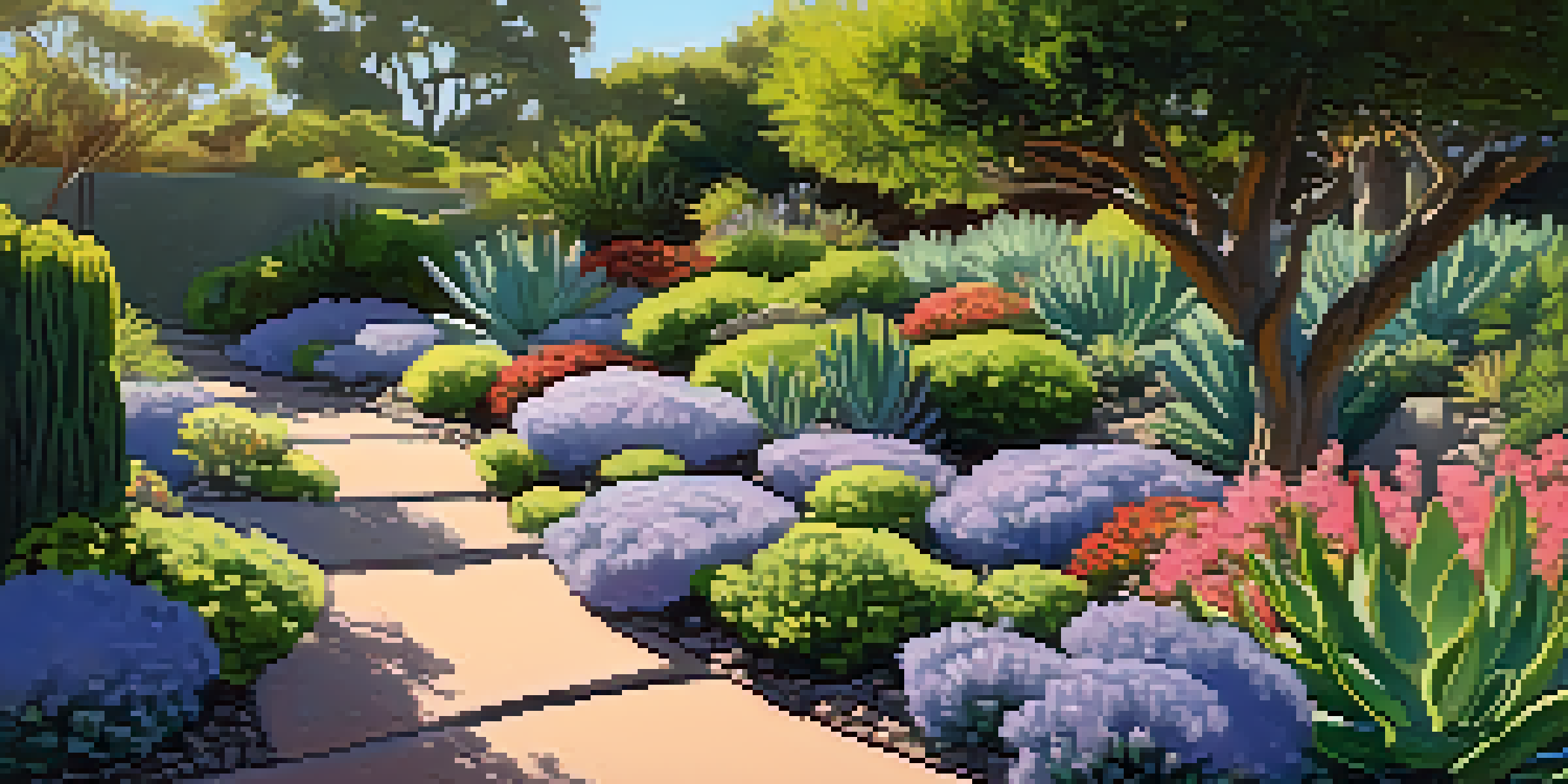 A beautiful garden with fire-resistant plants and a gravel pathway, illuminated by warm afternoon sunlight.