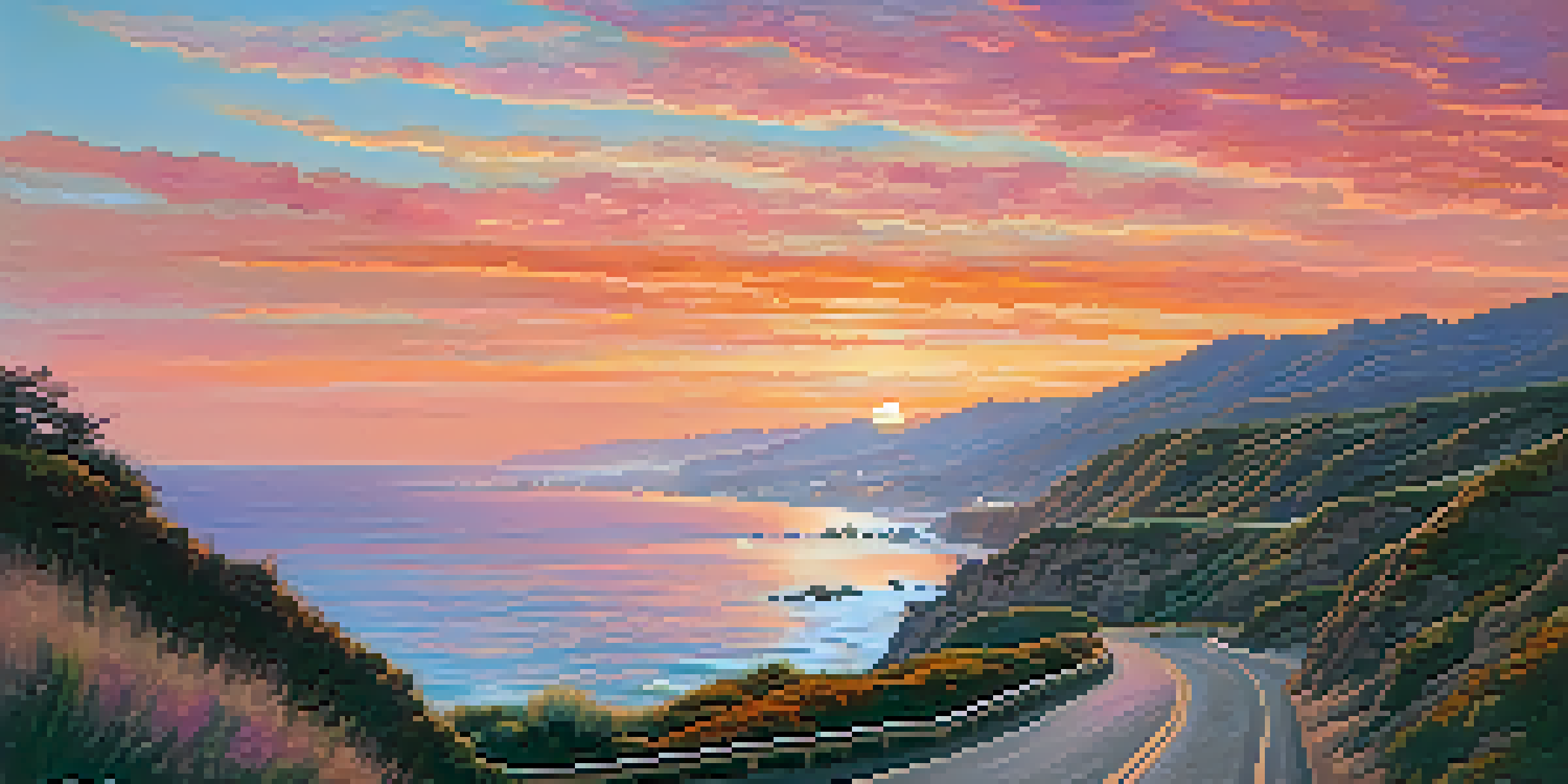 A stunning sunset over the Pacific Coast Highway in Malibu, with cliffs and ocean views.