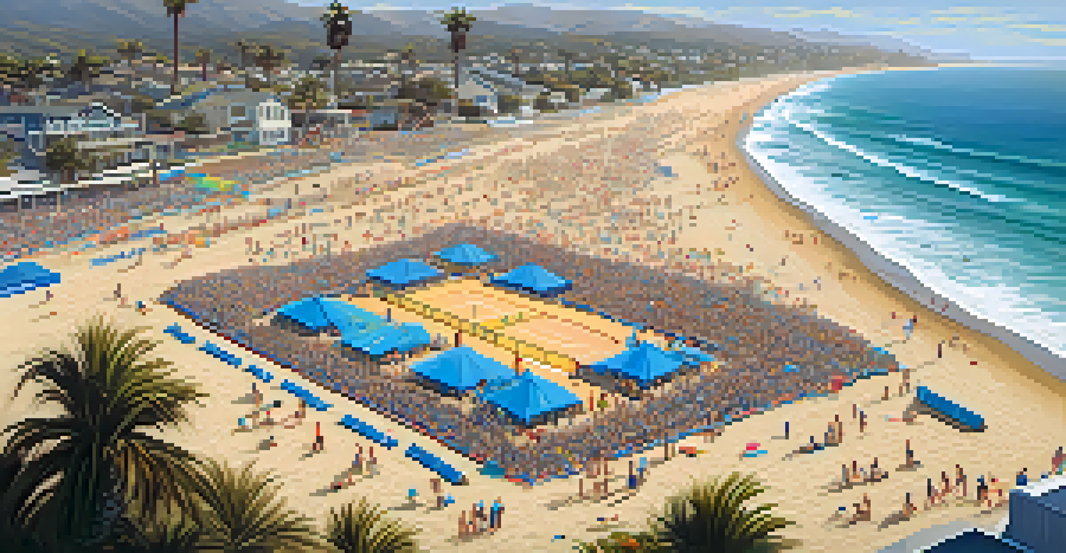 An aerial view of a beach volleyball tournament in Malibu with players on multiple courts and a scenic coastline.