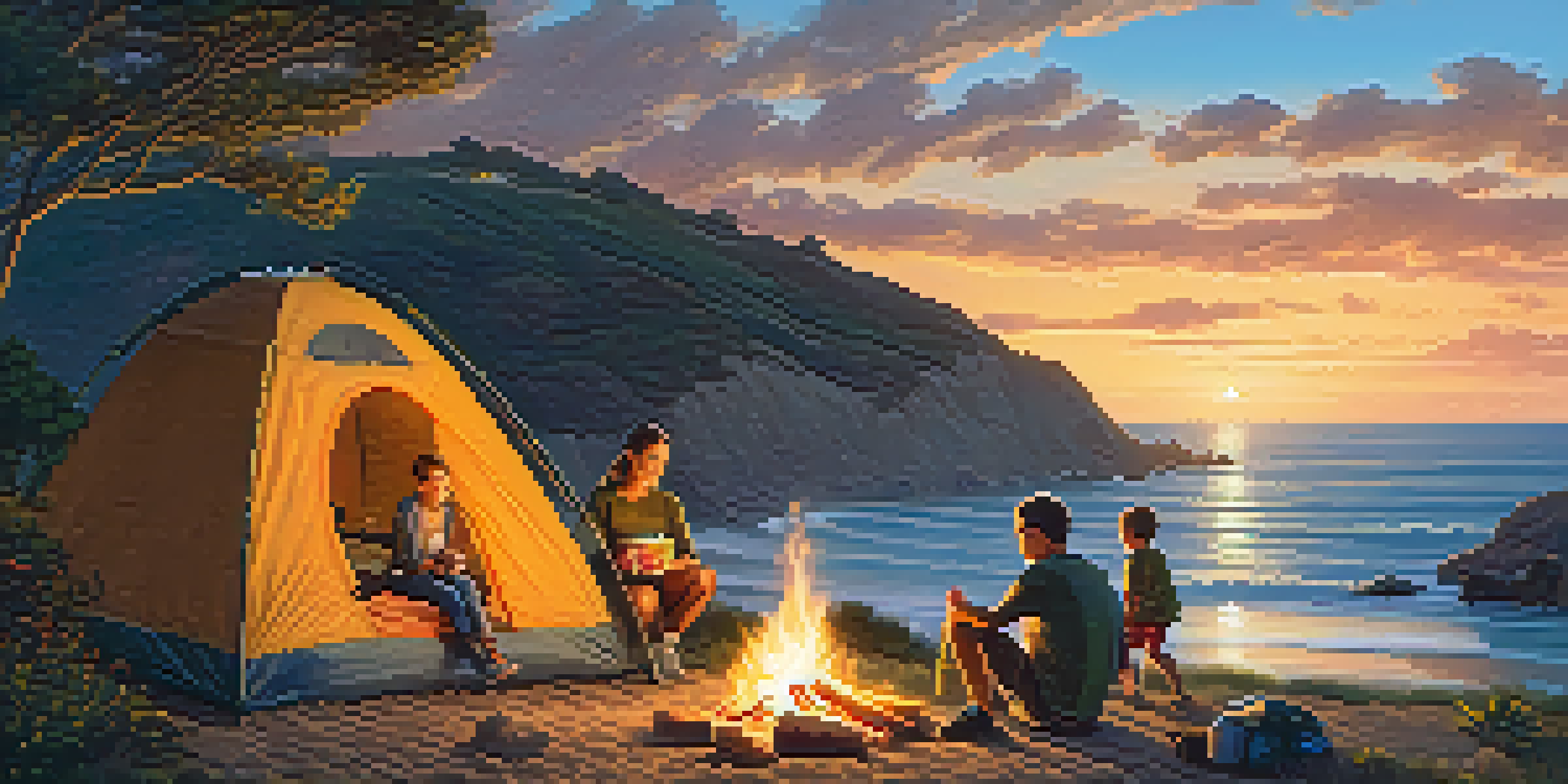 A family camping in Malibu with a tent, campfire, and children roasting marshmallows, set against a beautiful coastal sunset.