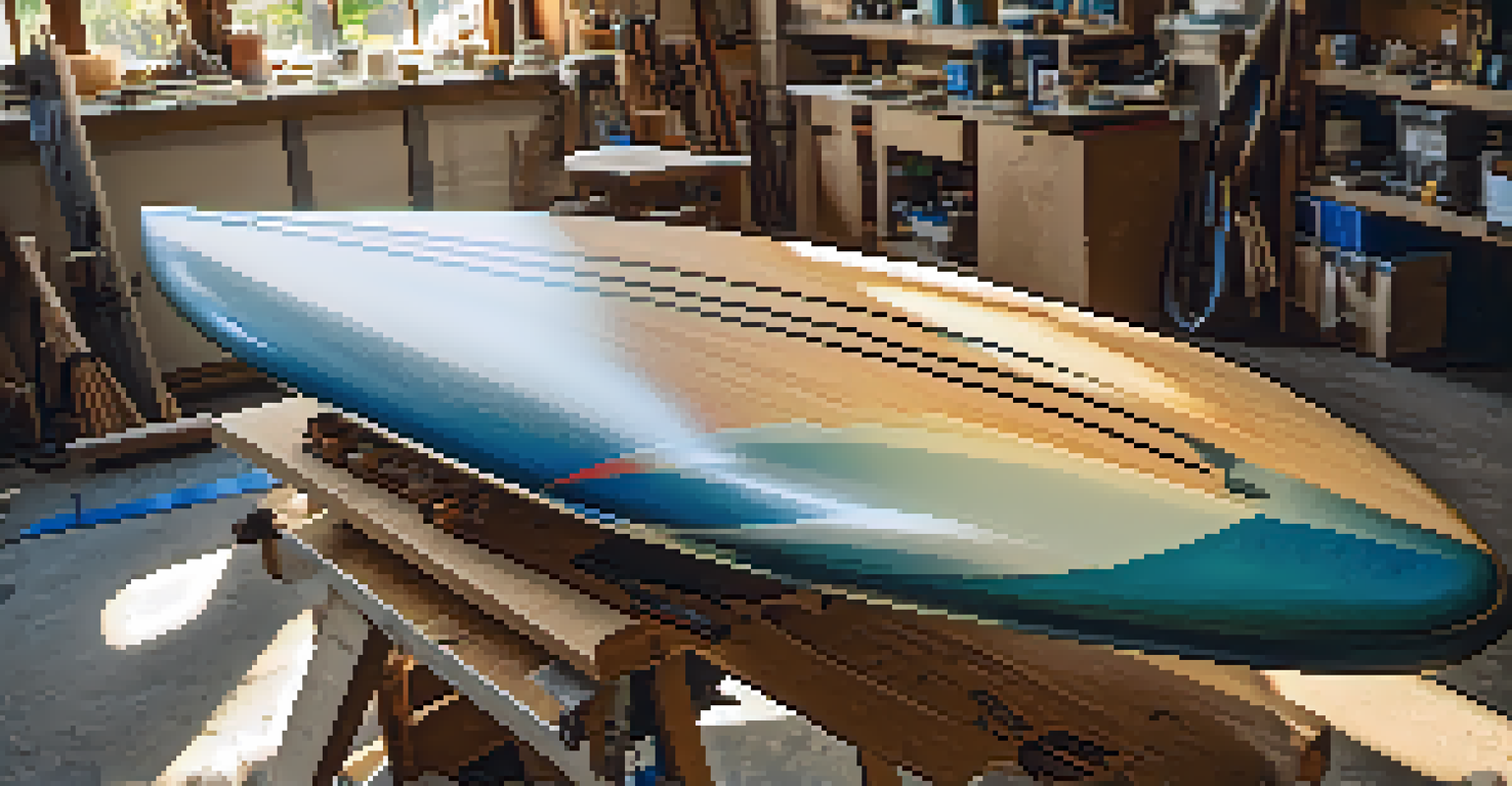 A close-up of a surfboard being shaped in a workshop with tools and materials surrounding it.