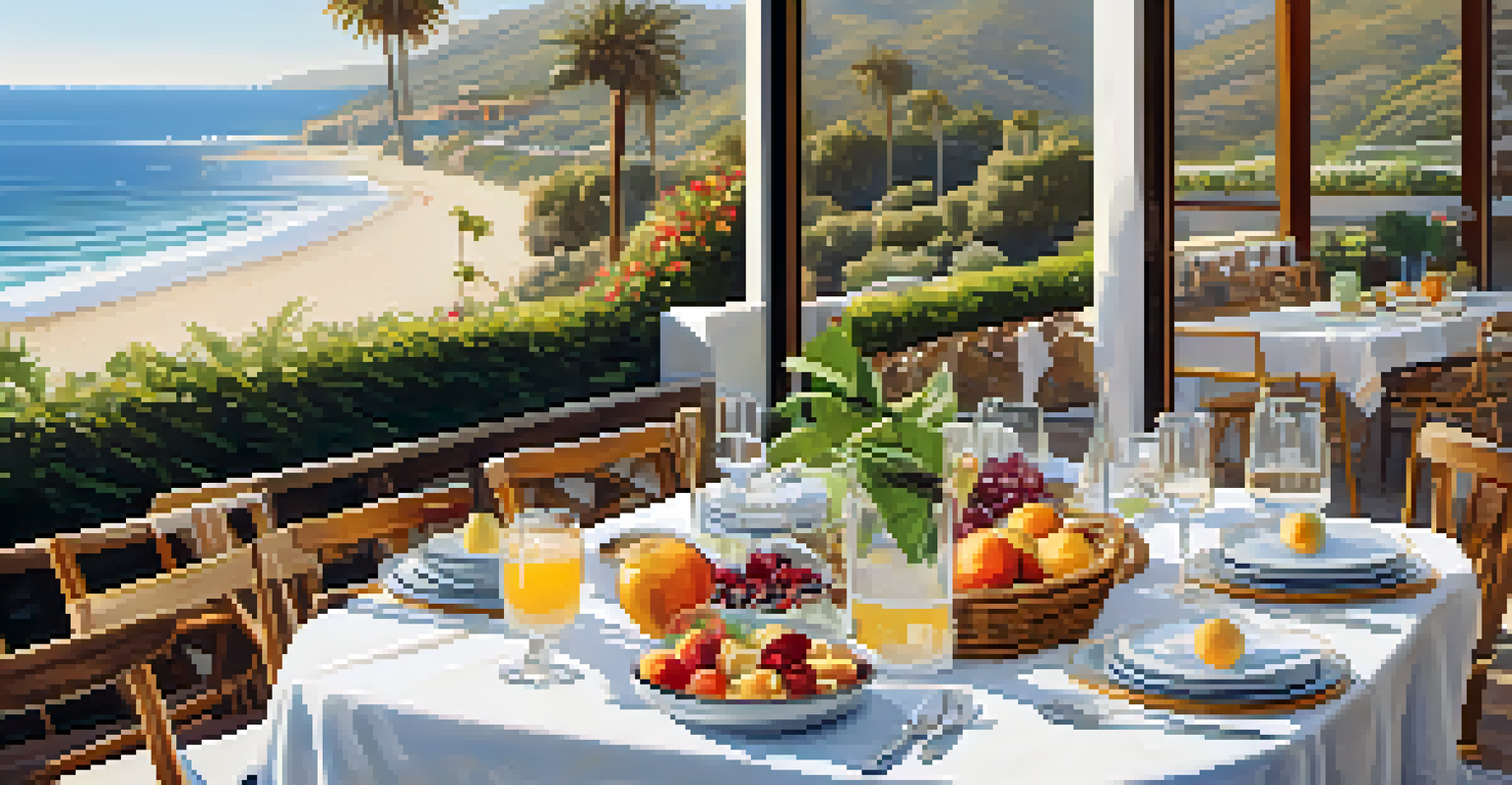 An outdoor brunch table set with natural materials and light linens, surrounded by palm trees and bright sunlight.