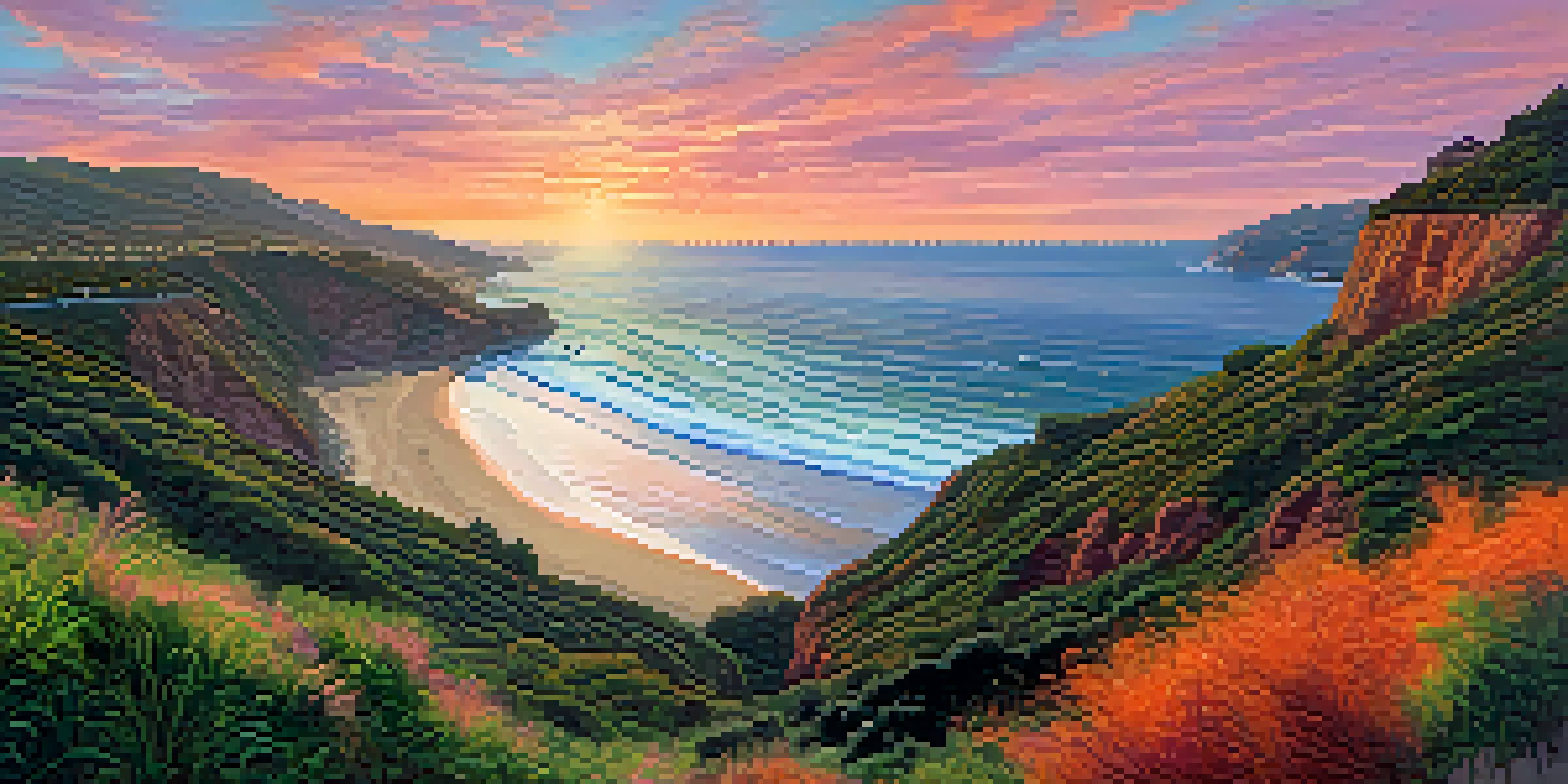 A panoramic view of Malibu's coastline at sunset, with colorful skies and people on the beach.