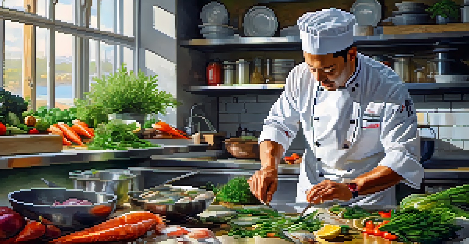 A chef preparing sustainable seafood in a bright modern kitchen.
