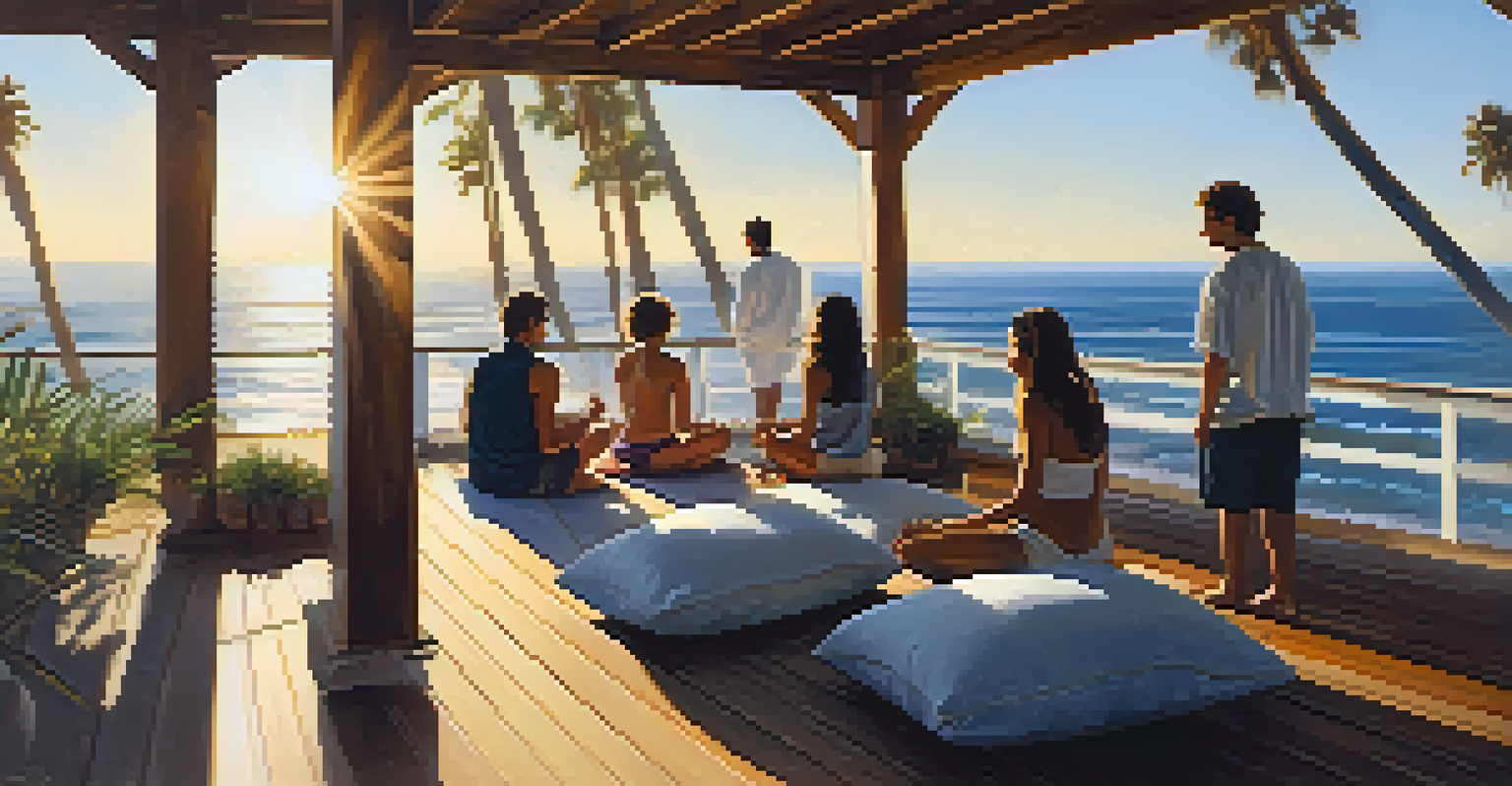 A group of people meditating on a deck with ocean views in Malibu, surrounded by palm trees and morning sunlight.