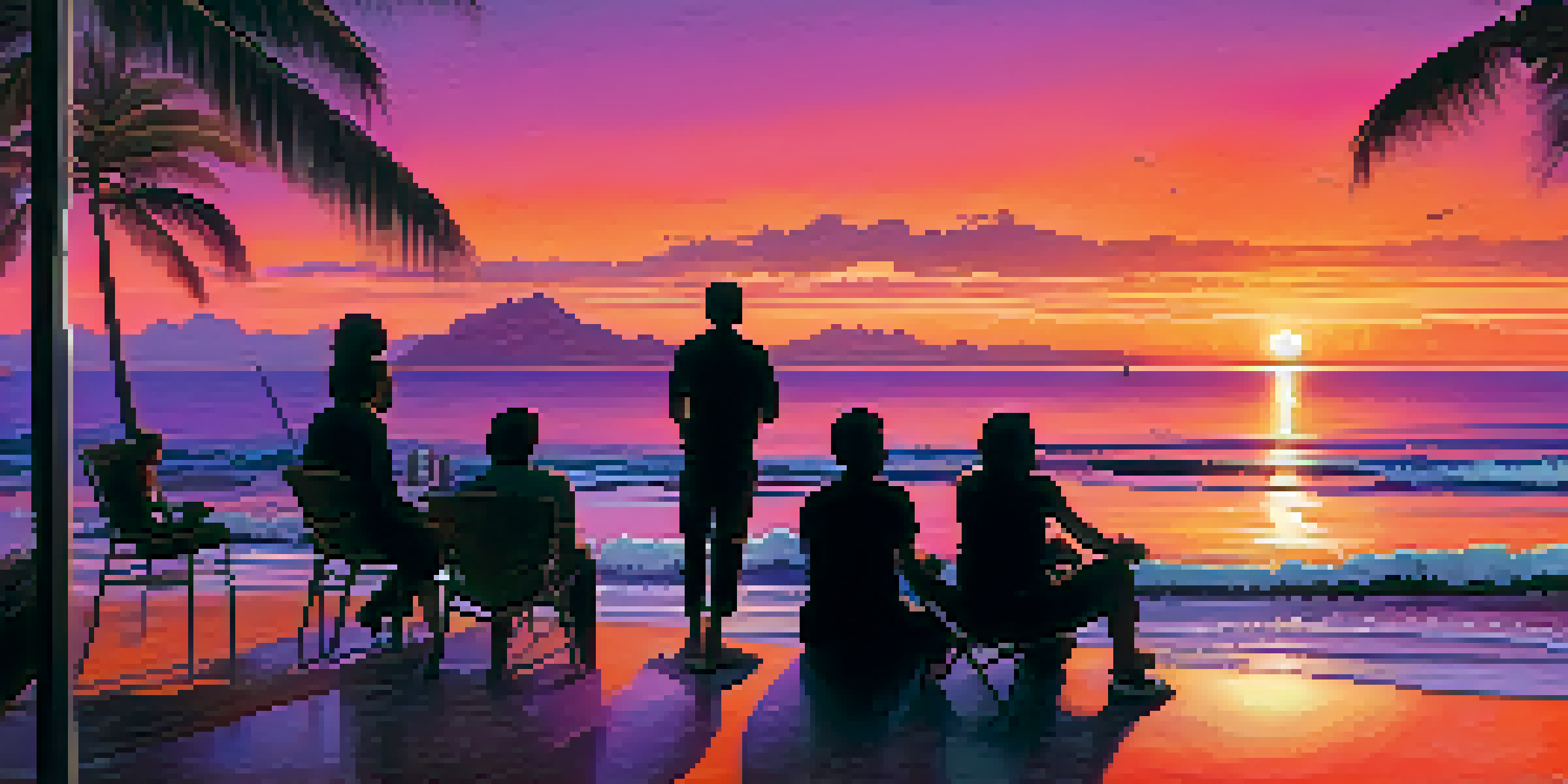 A sunset over the Pacific Ocean with filmmakers discussing in silhouette against the colorful sky.