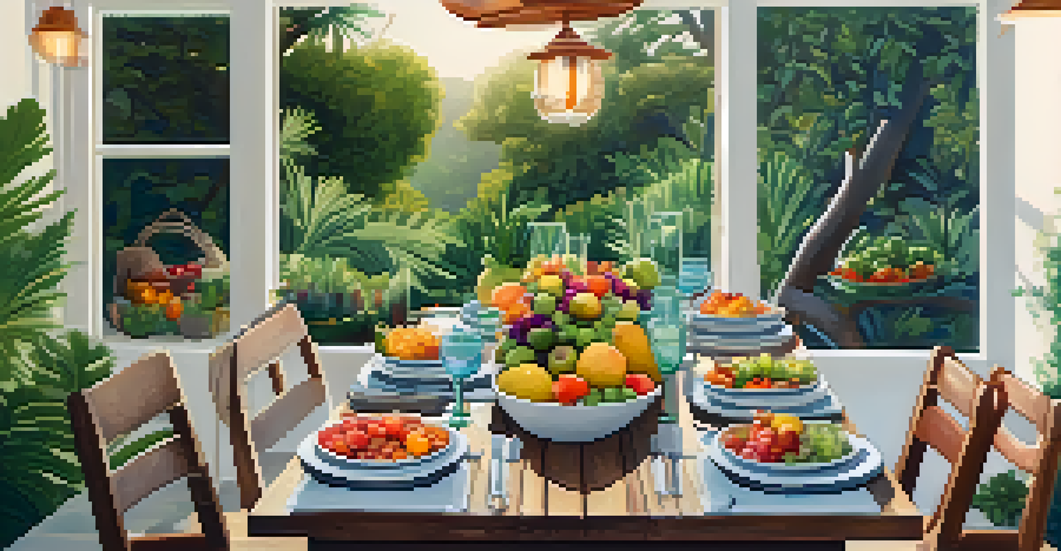 A beautifully set dining table with organic dishes at a Malibu retreat, surrounded by greenery and soft lantern light.