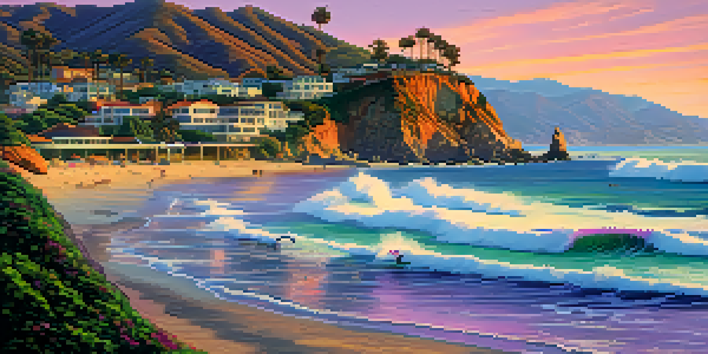 A stunning sunset over Malibu's coastline with surfers in the water and dramatic cliffs.