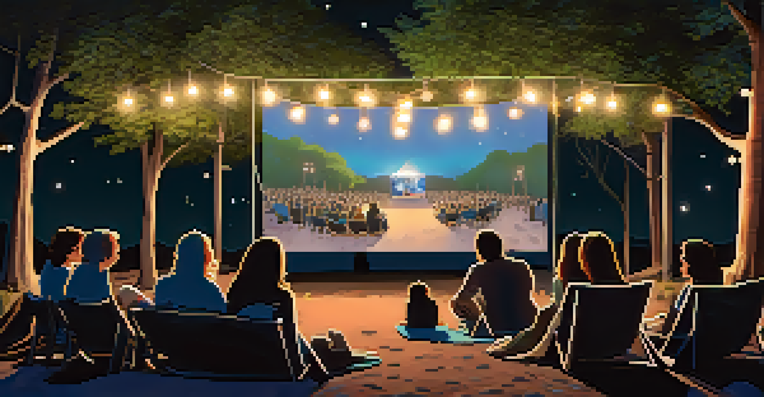 An outdoor film screening with attendees sitting on blankets under fairy lights at night.