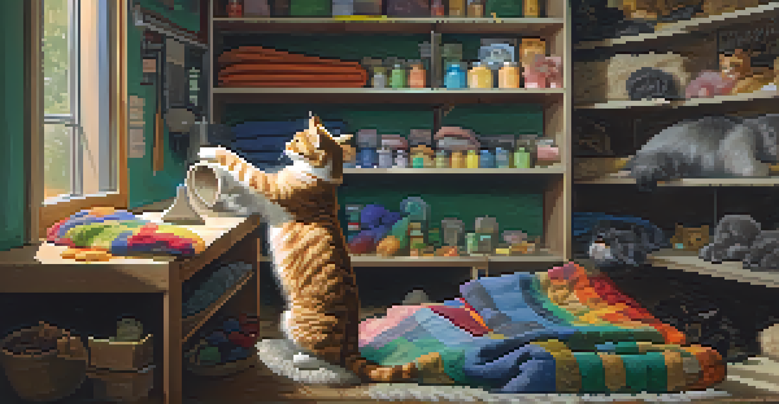 A volunteer grooming a small cat on a blanket in a warm, softly-lit animal shelter room, with pet supplies and toys in the background.