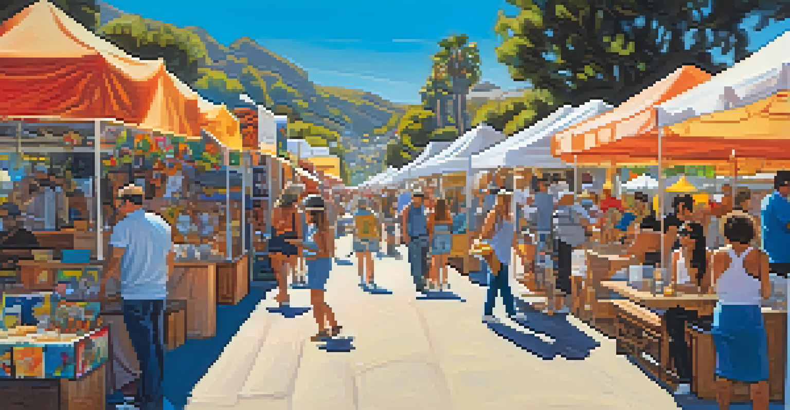 A lively arts festival in Malibu, featuring artists' booths, live music, and food vendors under a clear blue sky.