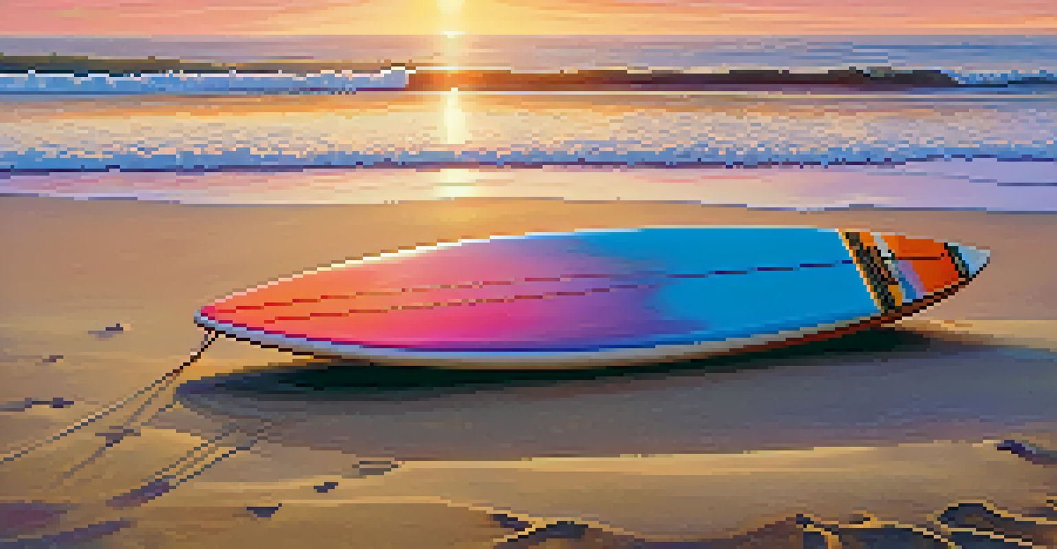 A colorful surfboard on the sand at Malibu beach during sunset, with waves in the background and a colorful sky.