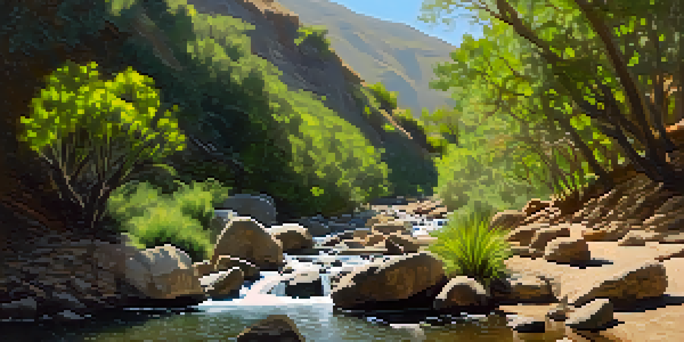 A tranquil scene of Solstice Canyon Trail with green foliage, a creek, and a waterfall, bathed in soft sunlight.