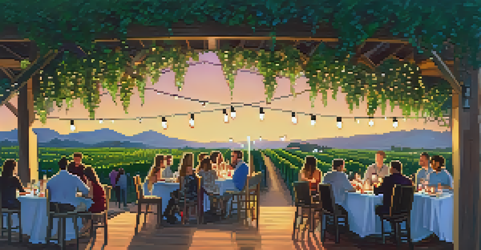 A festive vineyard event in Malibu at dusk, with people under fairy lights enjoying wine, food, and live music surrounded by grapevines.