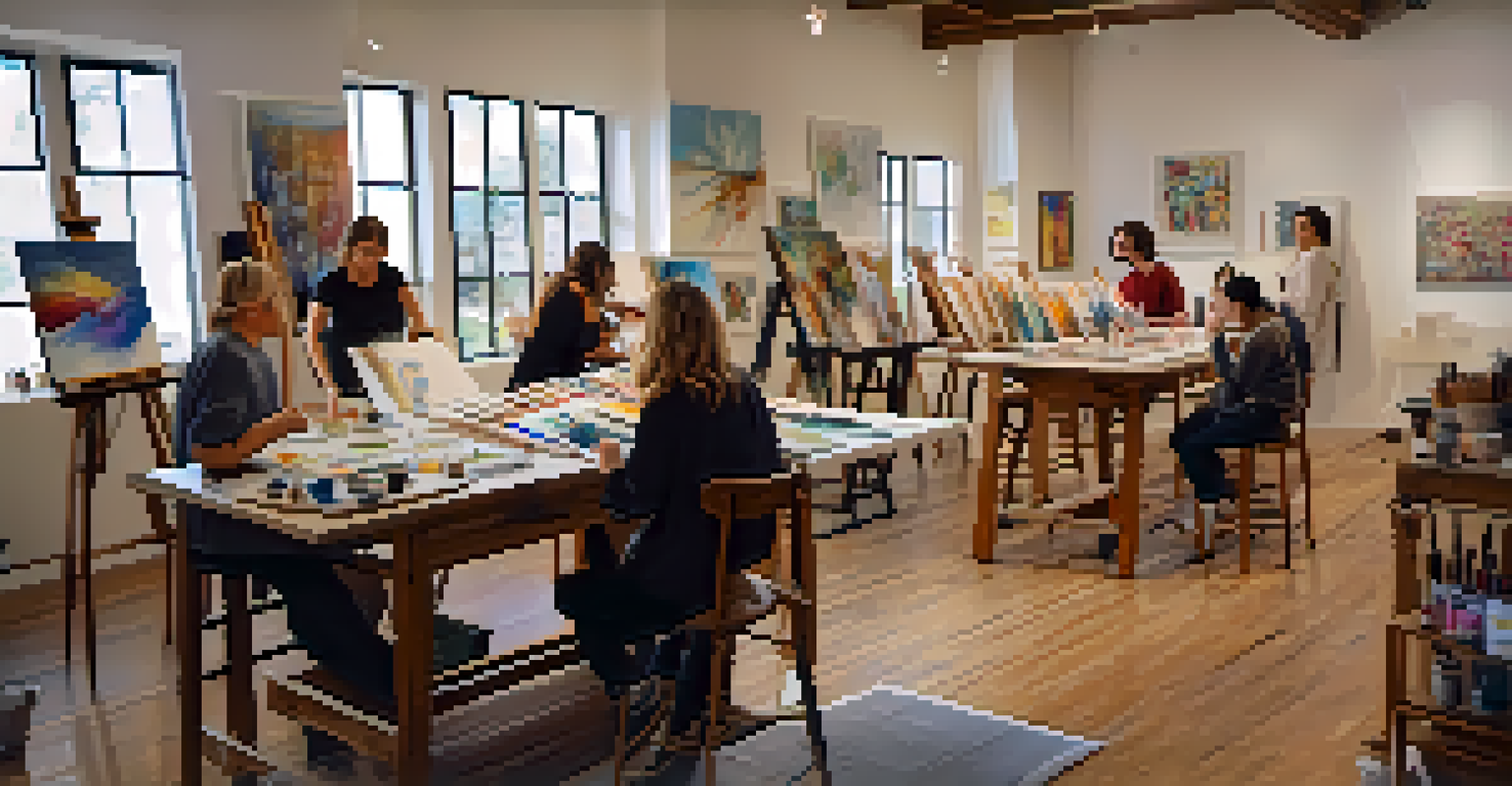 A workshop in a Malibu art collective where an established artist is mentoring emerging artists, with natural light and various art supplies in a creative atmosphere.