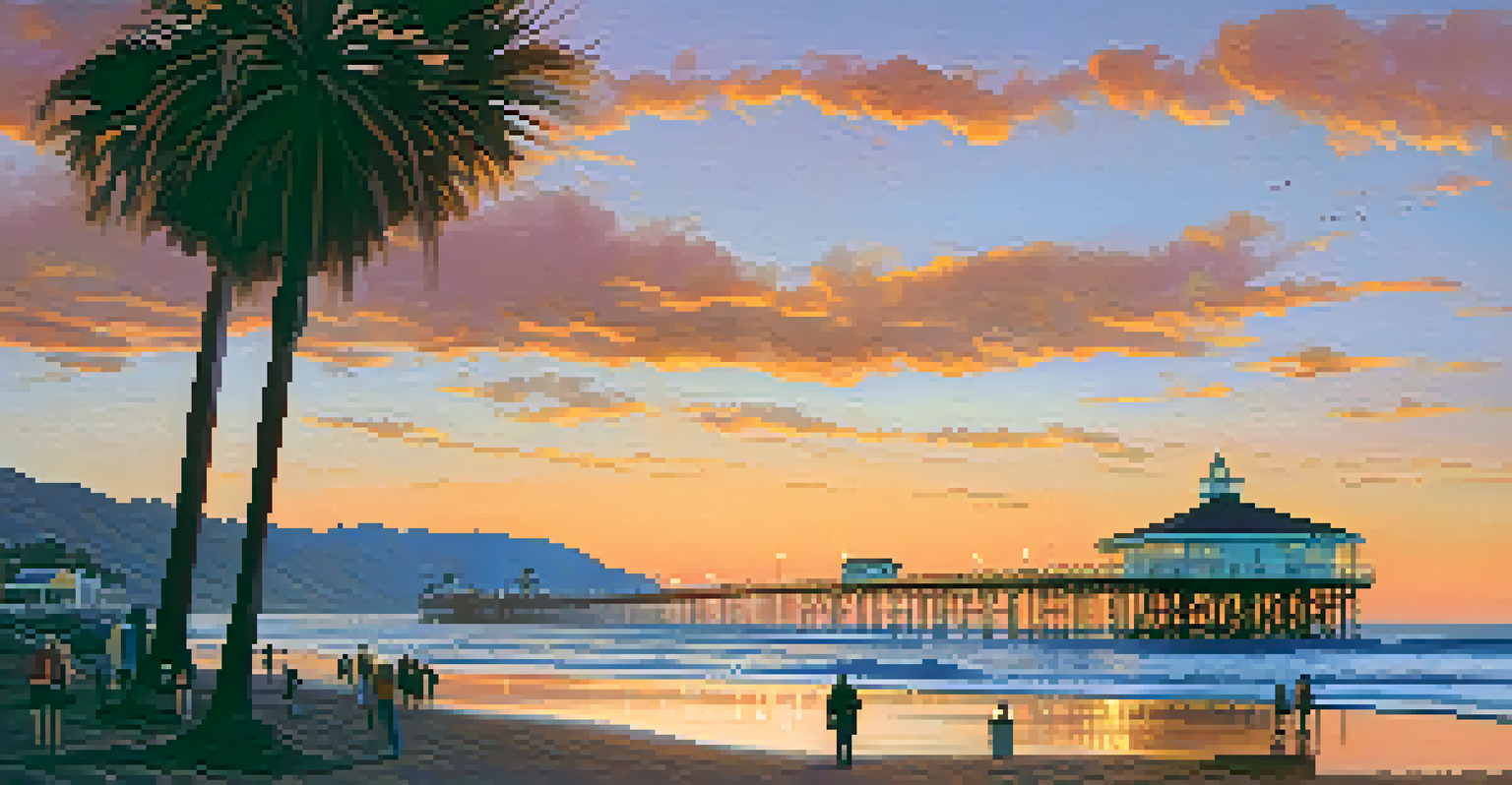 The iconic Malibu Pier at sunset, with people enjoying the view and warm colors reflecting off the water, showcasing local history.