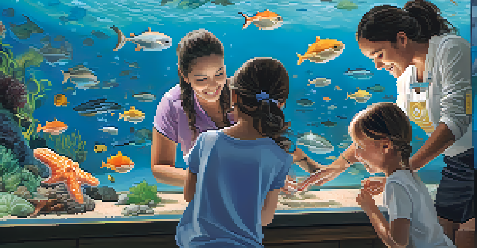 A family interacting with a touch tank at an aquarium, with children touching marine creatures.