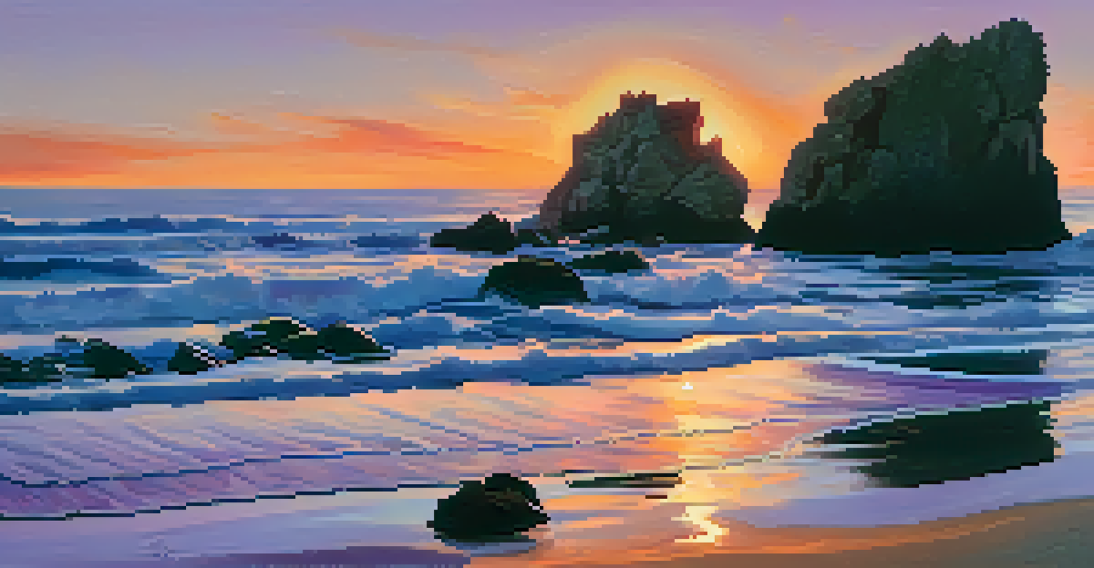 Close-up of rocky outcrop at El Matador State Beach during sunset with colorful sky.