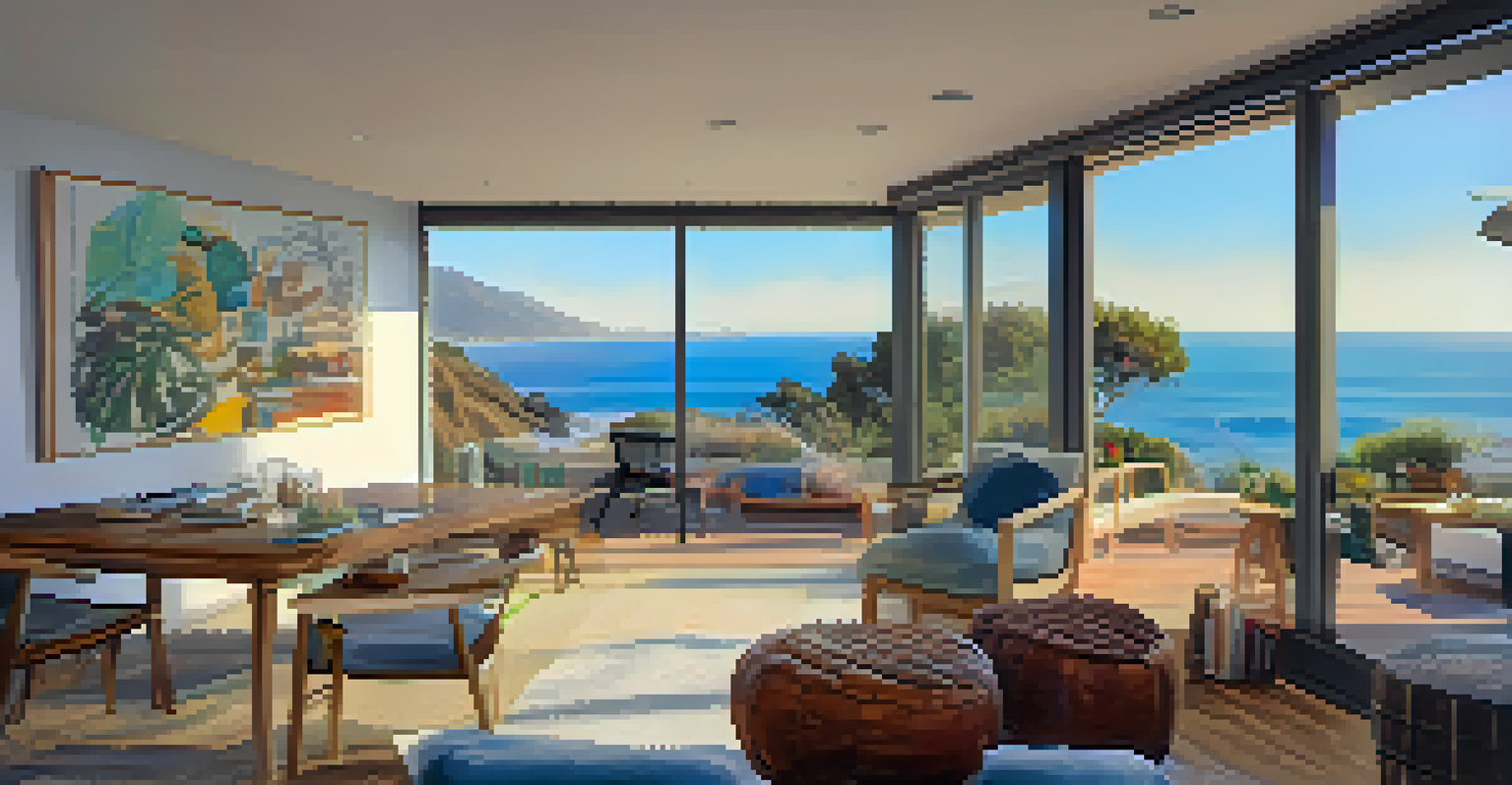 Artistic interior of a Malibu home with vintage and contemporary decor, unique artwork, and views of the coastline.