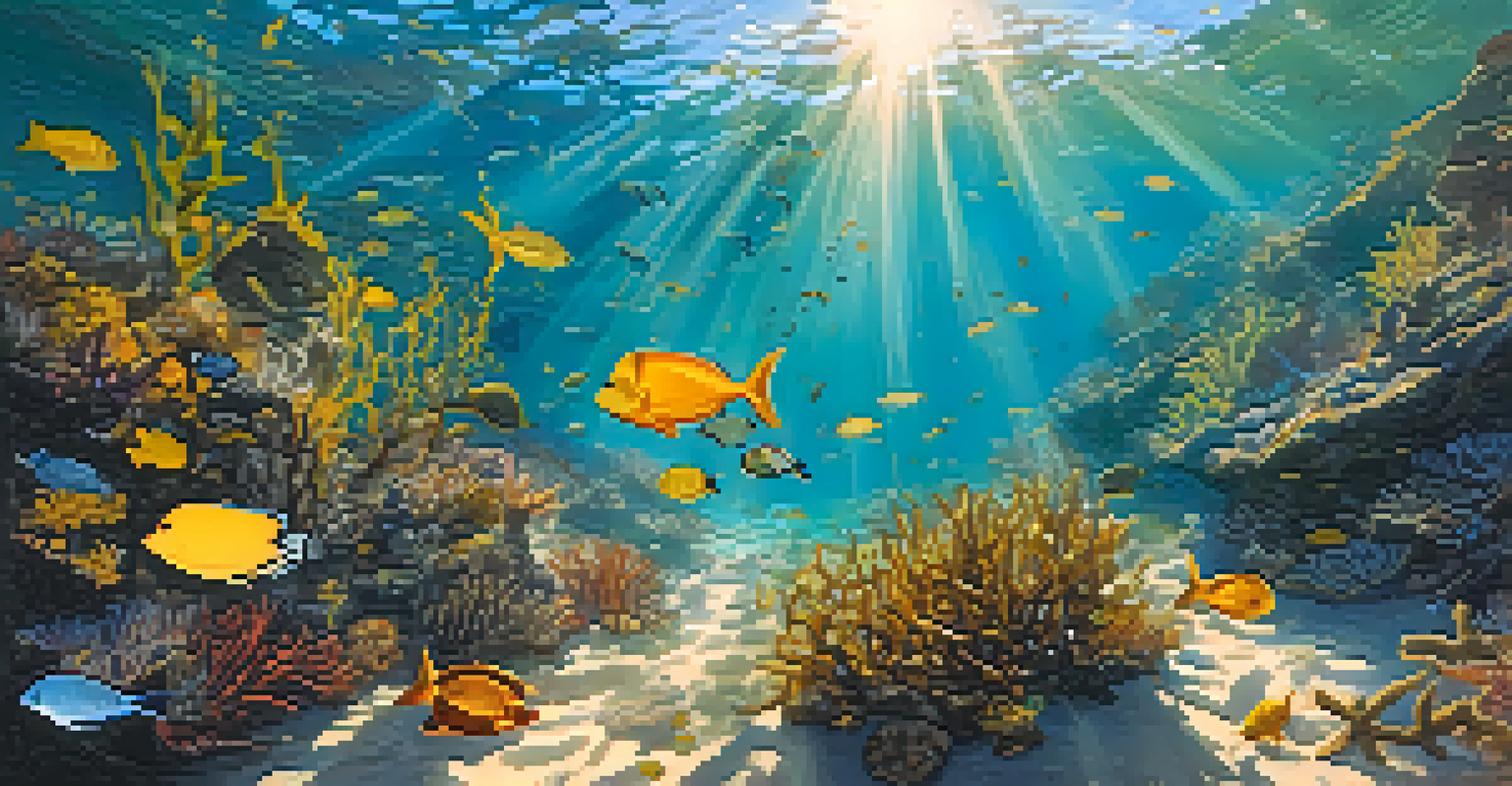 An underwater view of a kelp forest in Malibu, featuring diverse marine life such as sea stars and seals, illuminated by sunlight.