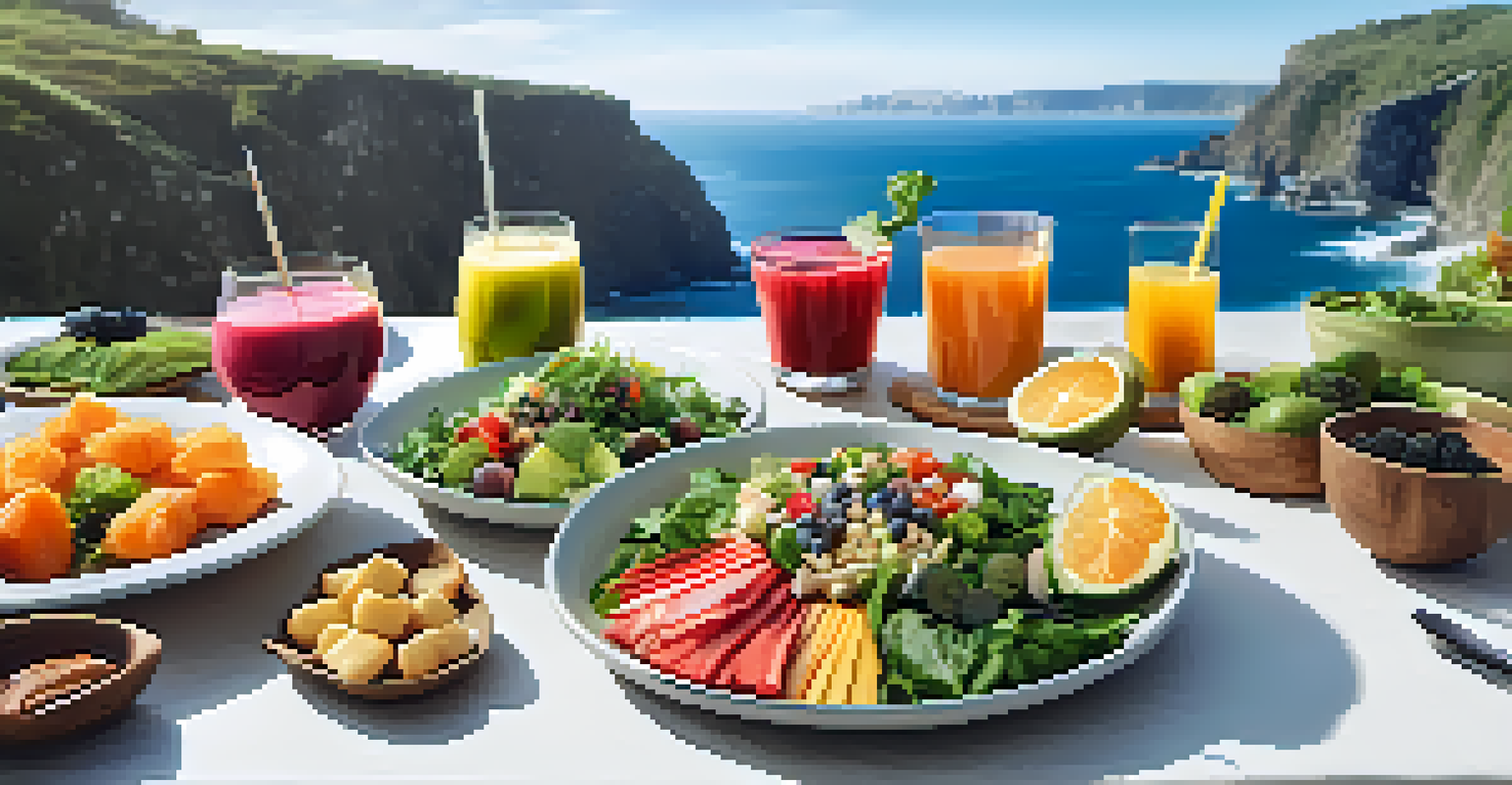 A table set with colorful detox meals and juices overlooking the ocean, showcasing a healthy retreat environment.