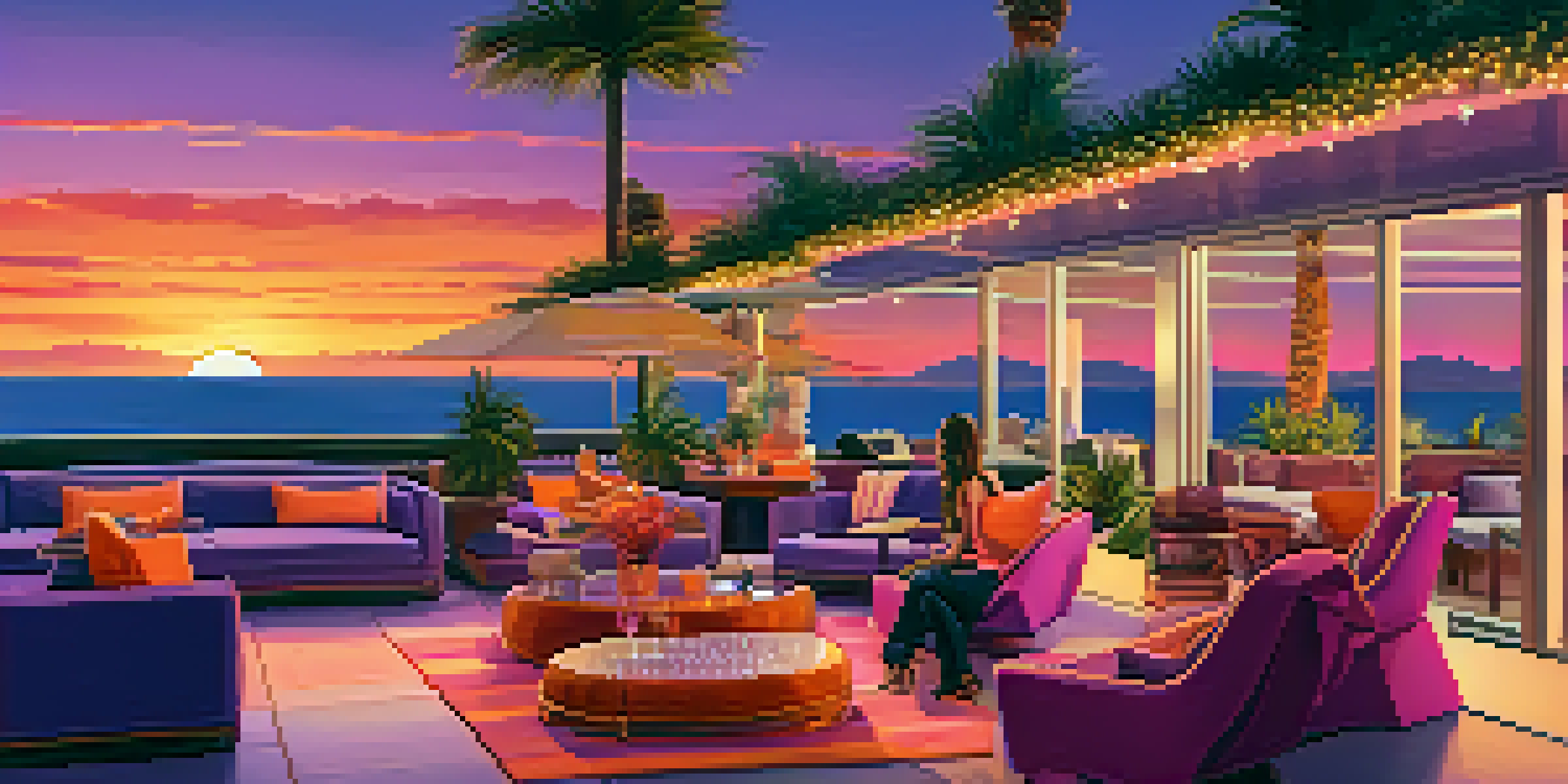A vibrant rooftop lounge in Malibu with sunset colors in the sky, stylish seating, and guests enjoying drinks.